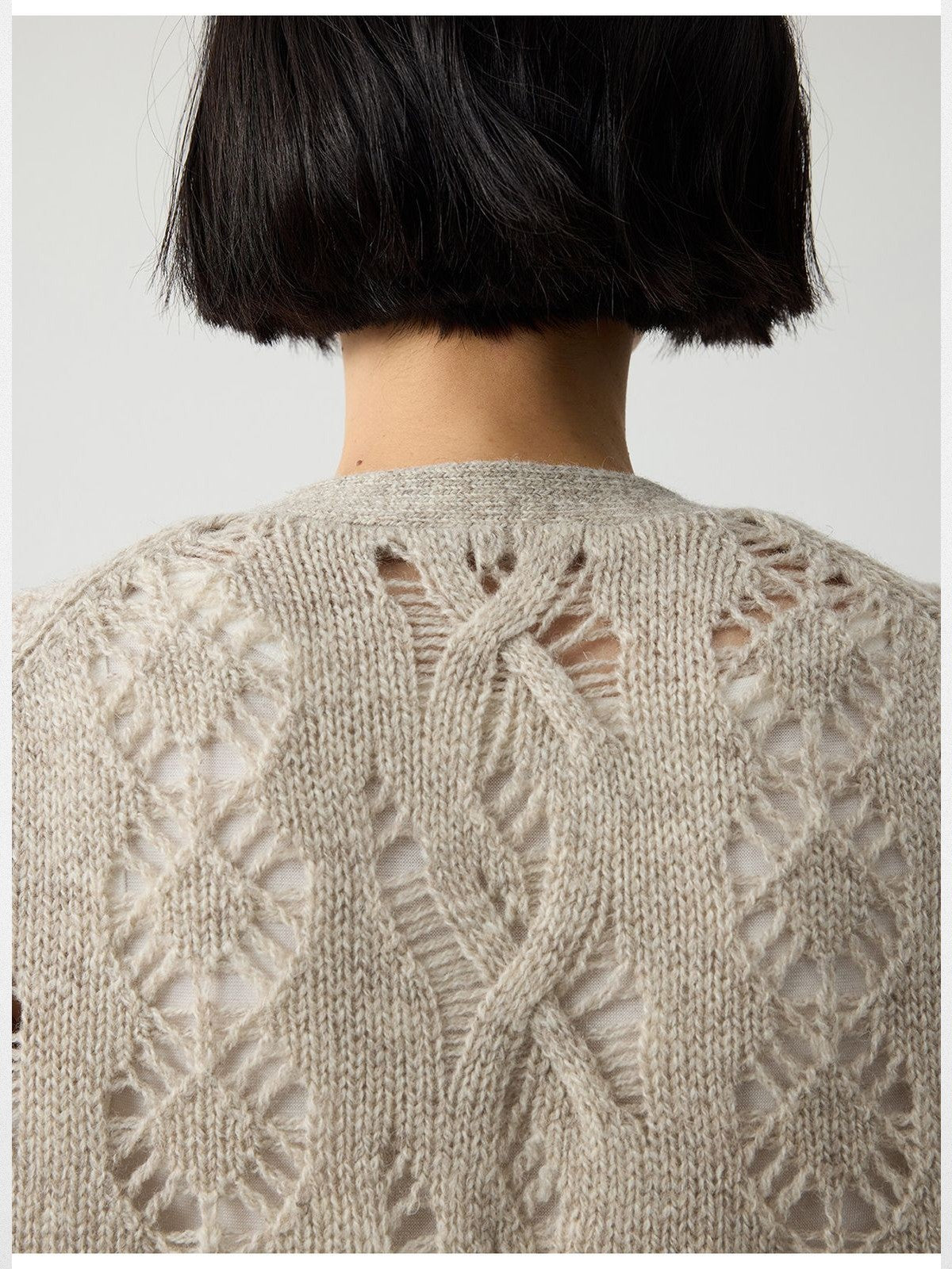RandomPiece 100 Wool Openwork Tie Front Cardigan in Beige - Detail
