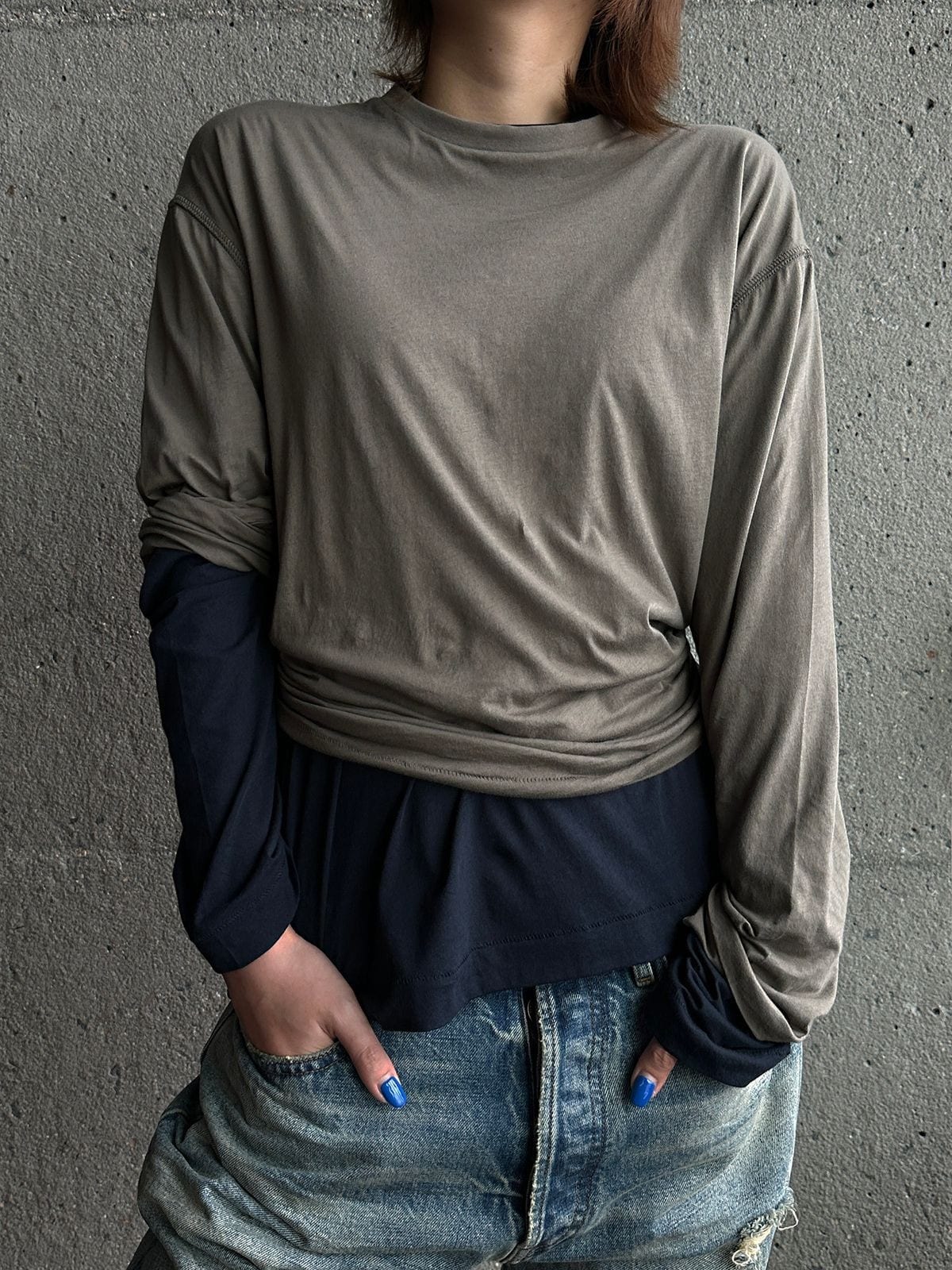 MasonPrince Lightweight Cotton Long Sleeve Tee in Beige - On Female Model