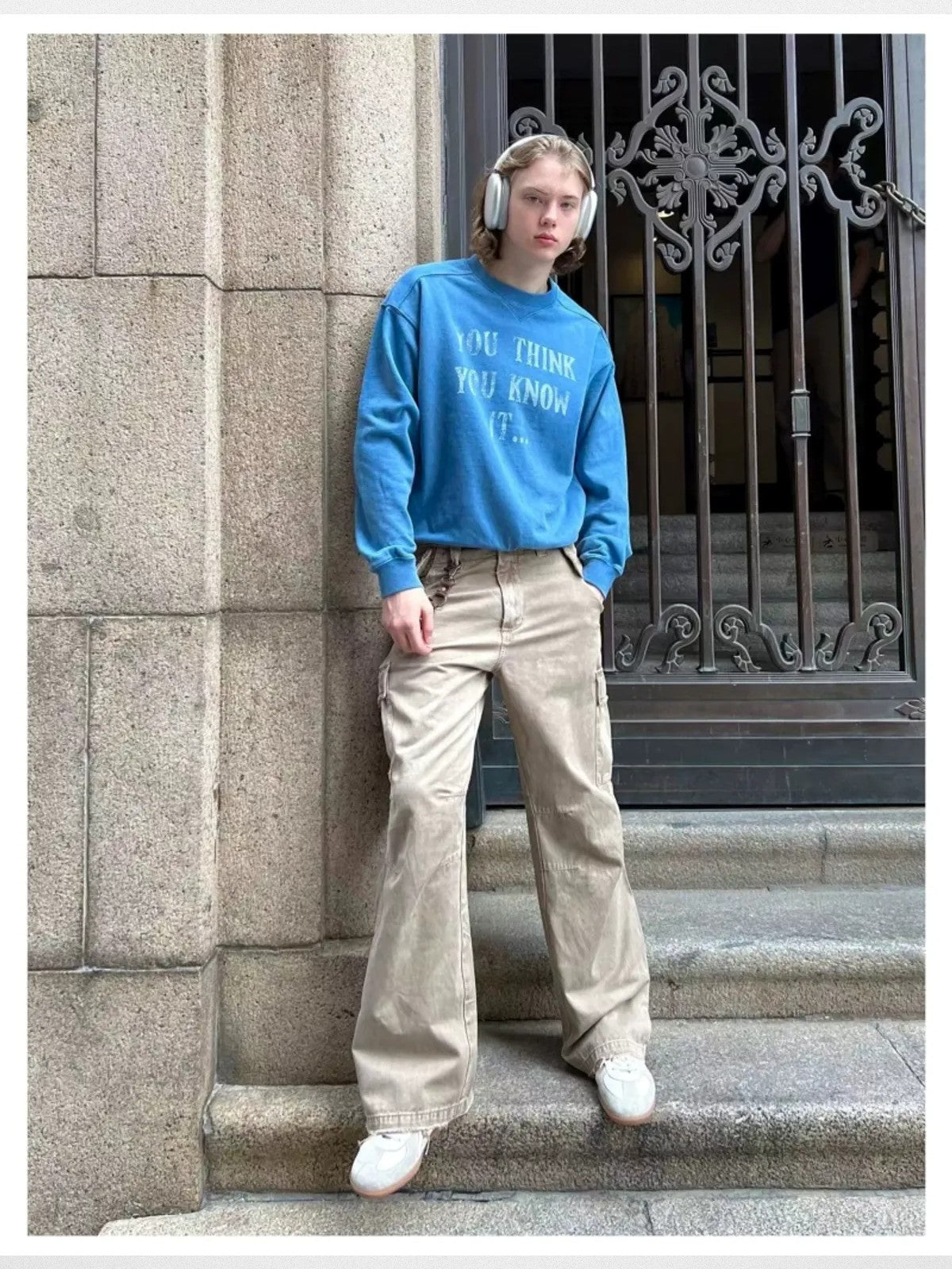 VLABMADE Distressed Paratrooper Cargo Pants in Beige - On Model