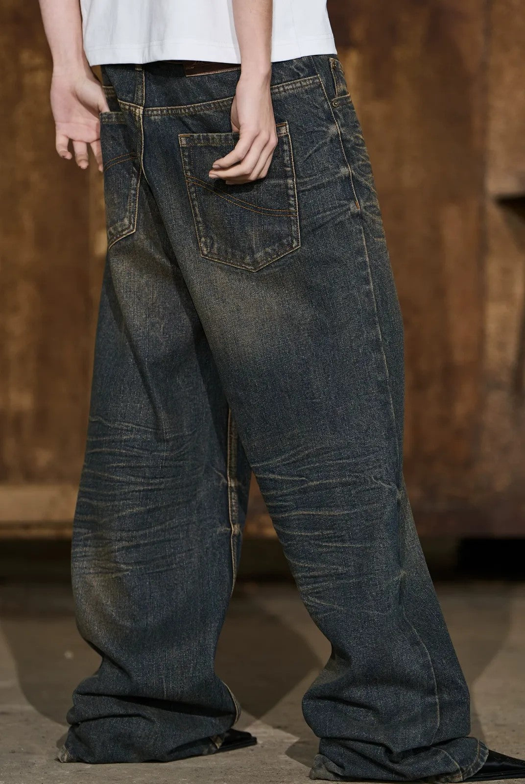 BLINDNOPLAN Mud Dyed Distressed Straight Leg Jeans in Blue - On Model