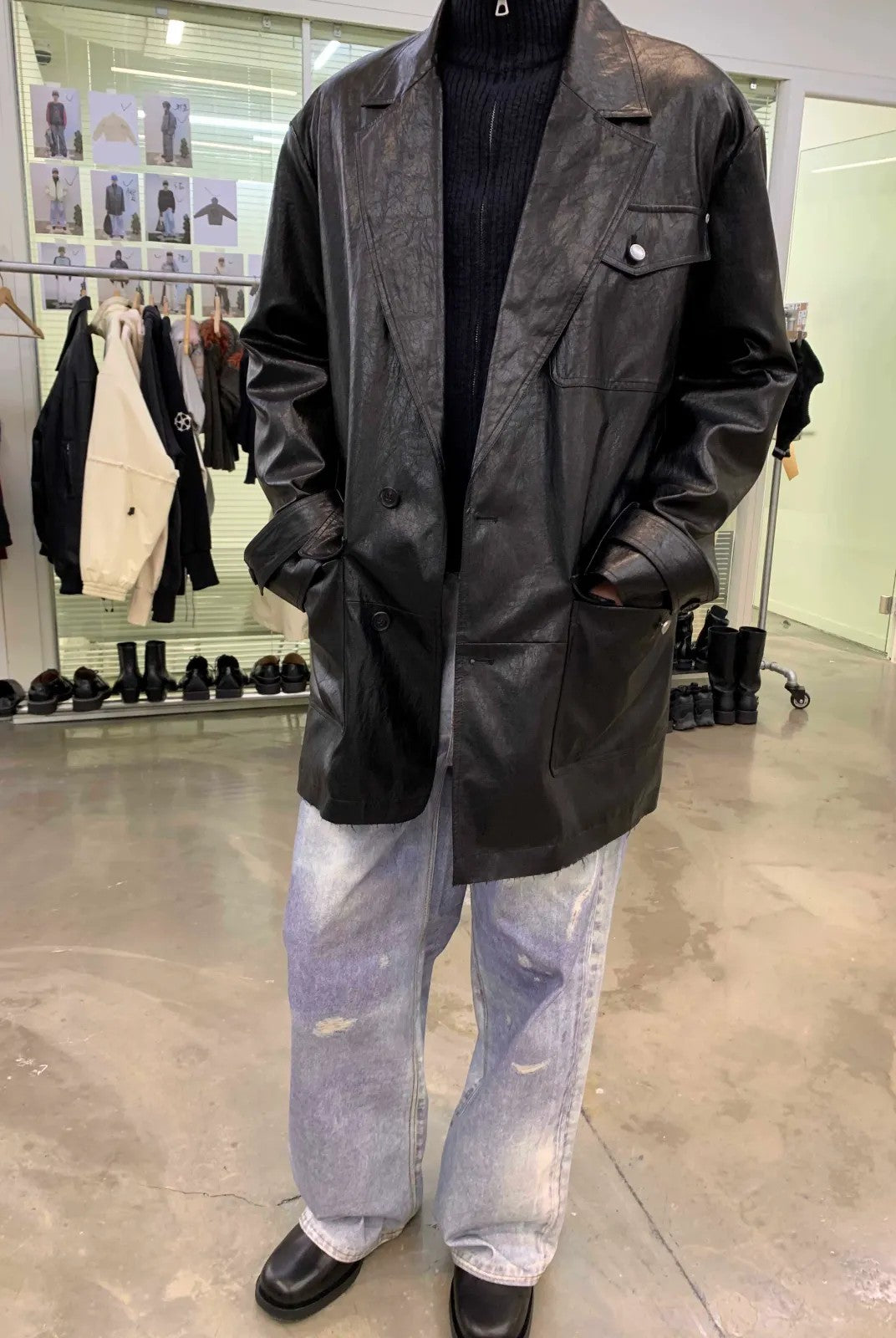 NeverSeez Thinsulate Padded Faux Leather Coat in Black - On Model