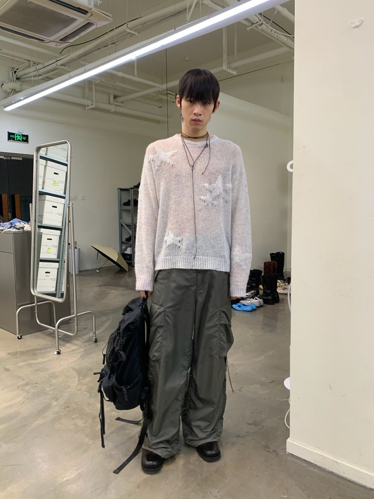 NeverSeez Spliced Wide Leg Cargo Pants in Green - On Male Model