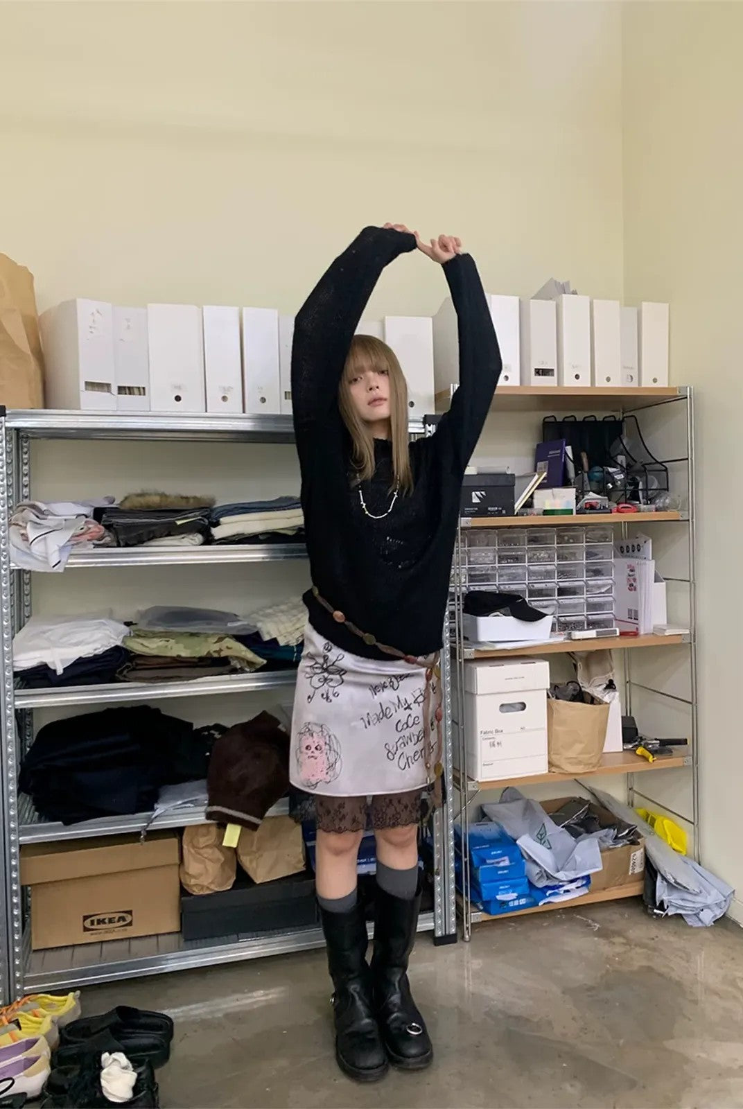 NeverSeez Graffiti Print Lace Trim Skirt in Gray - On Model