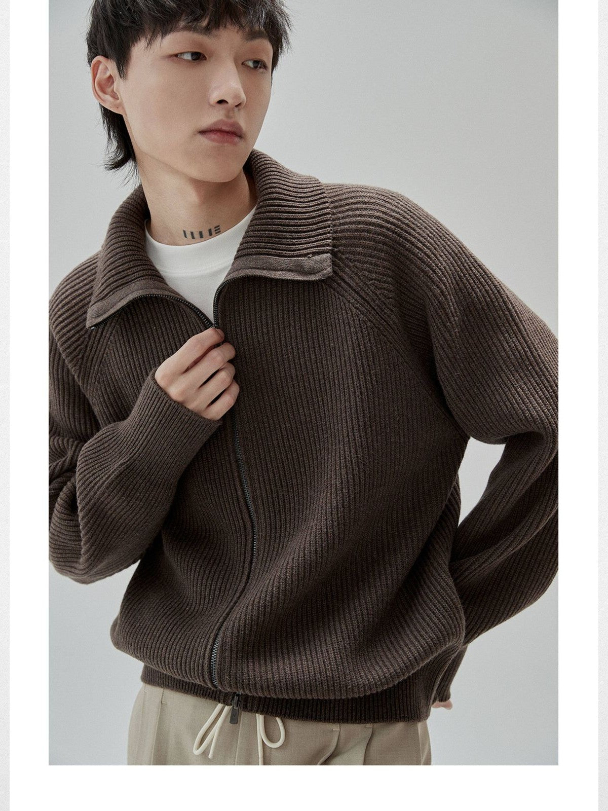 NANS Heavyweight Raglan Zip Cardigan in Brown - On Model