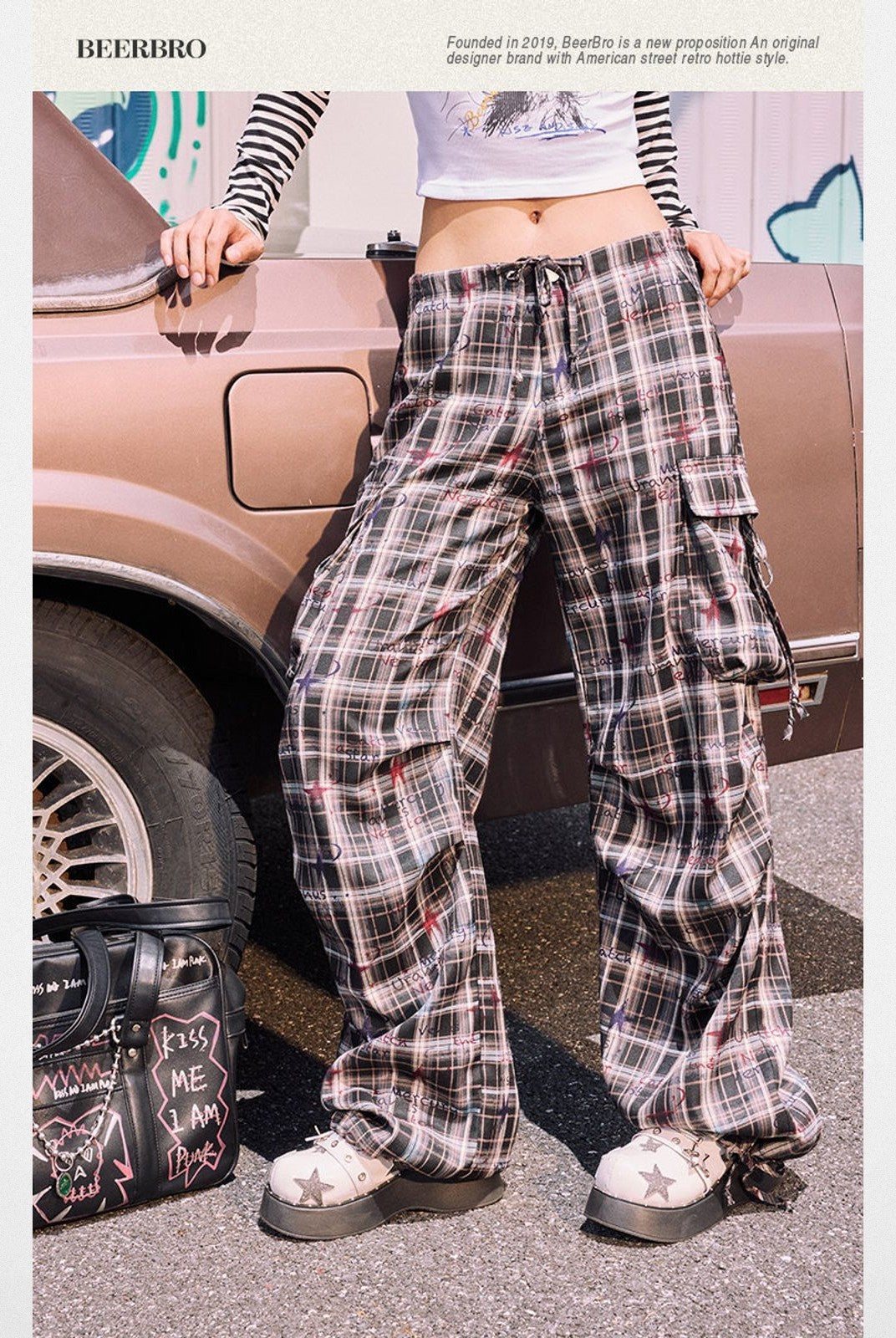 BeerBro Graffiti Plaid Strap Cargo Pants in Sky Blue