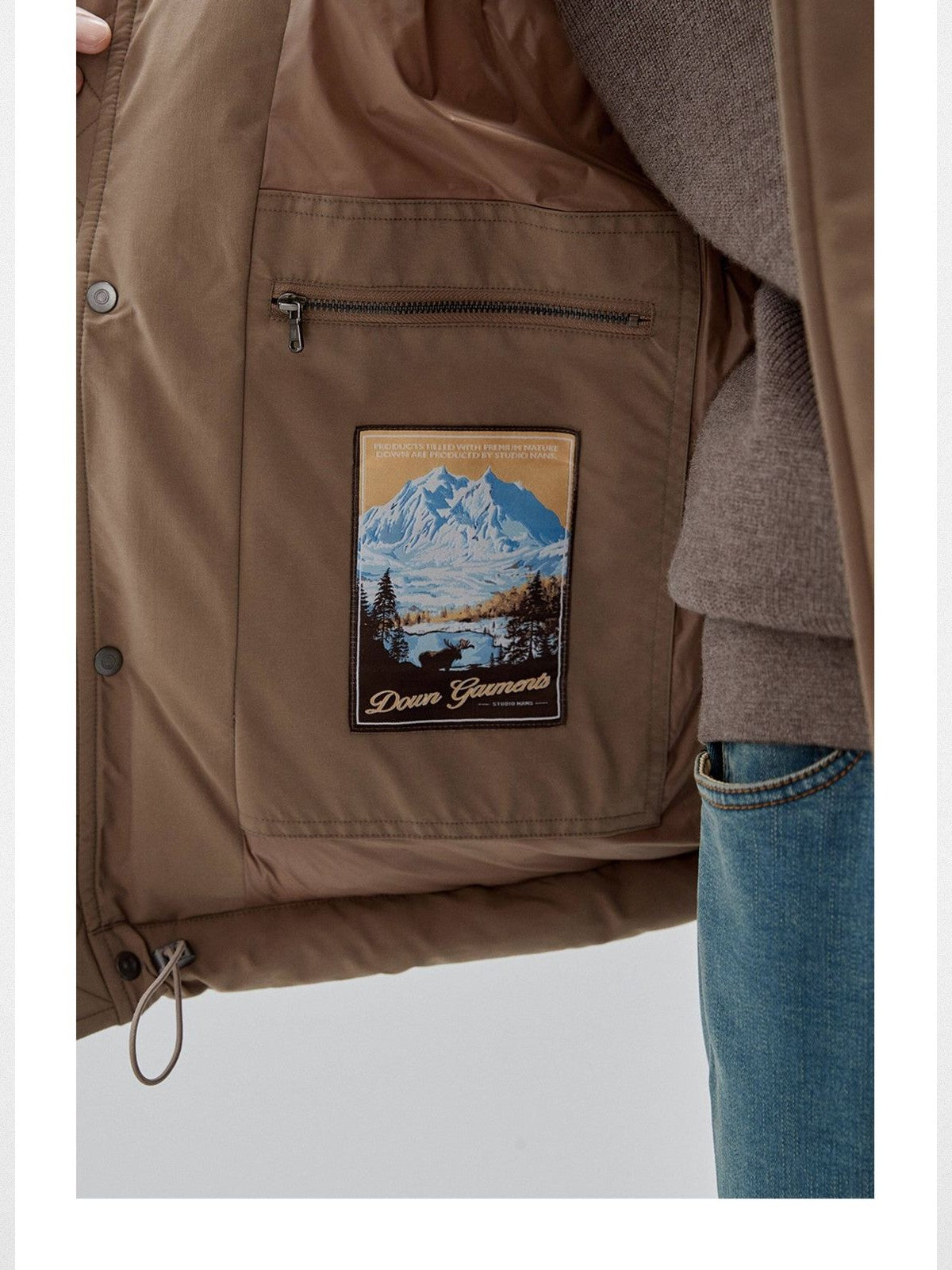 NANS Sherpa Collar Multi Pocket Down Puffer in Beige - Detail