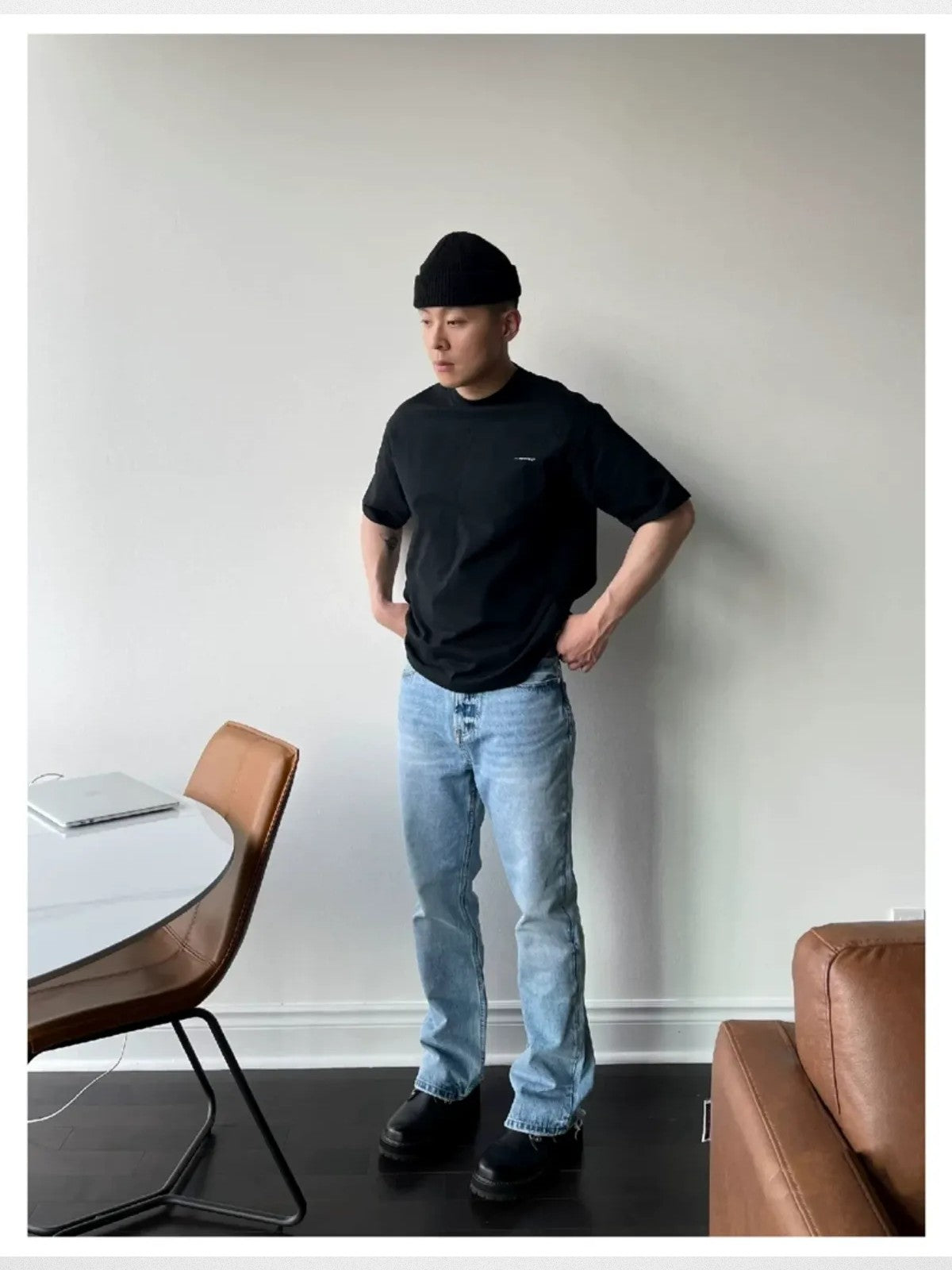 VLABMADE Ice Blue Raw Hem Straight Jeans in Blue - On Model