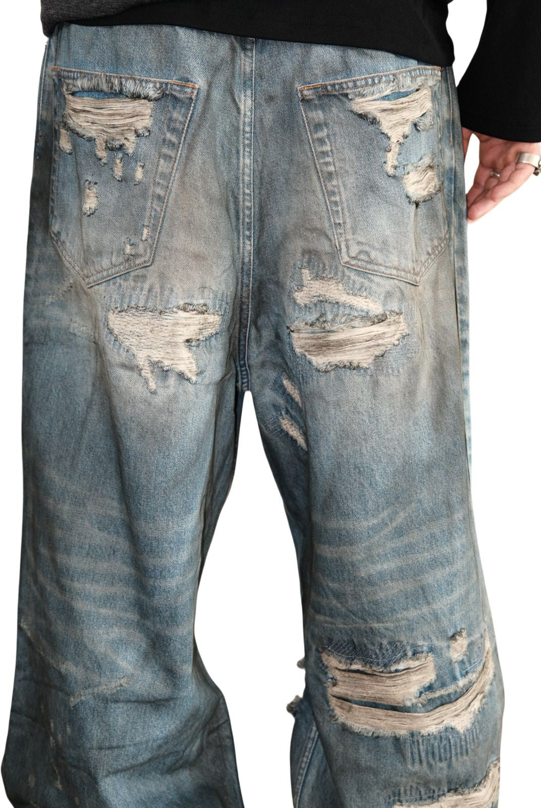 UNKNOWNWORLD Distressed Boro Mud Dyed Jeans in Denim - On Model