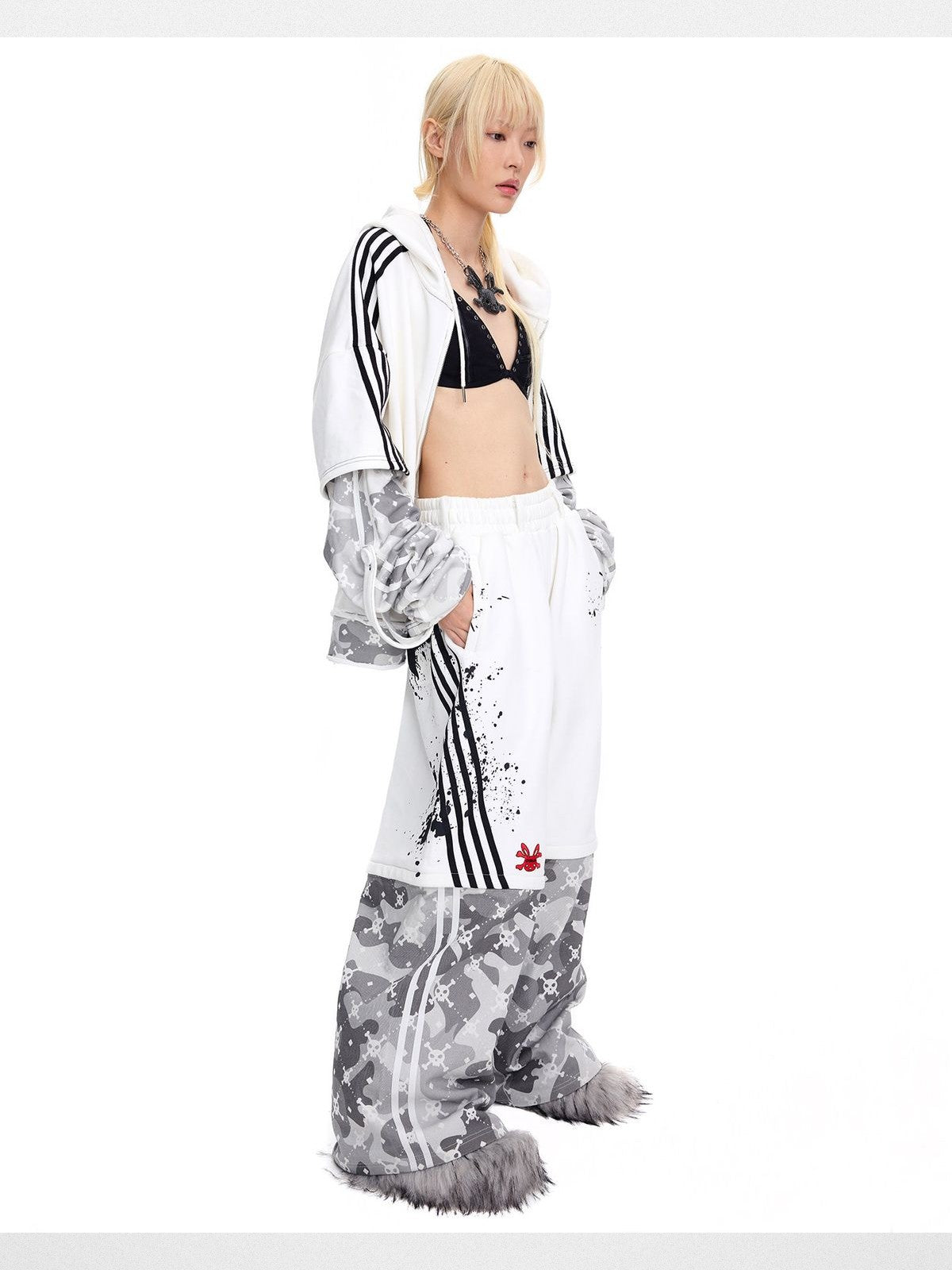 CFIERCE Detachable Leg Skull Sweatpants in White - On Model