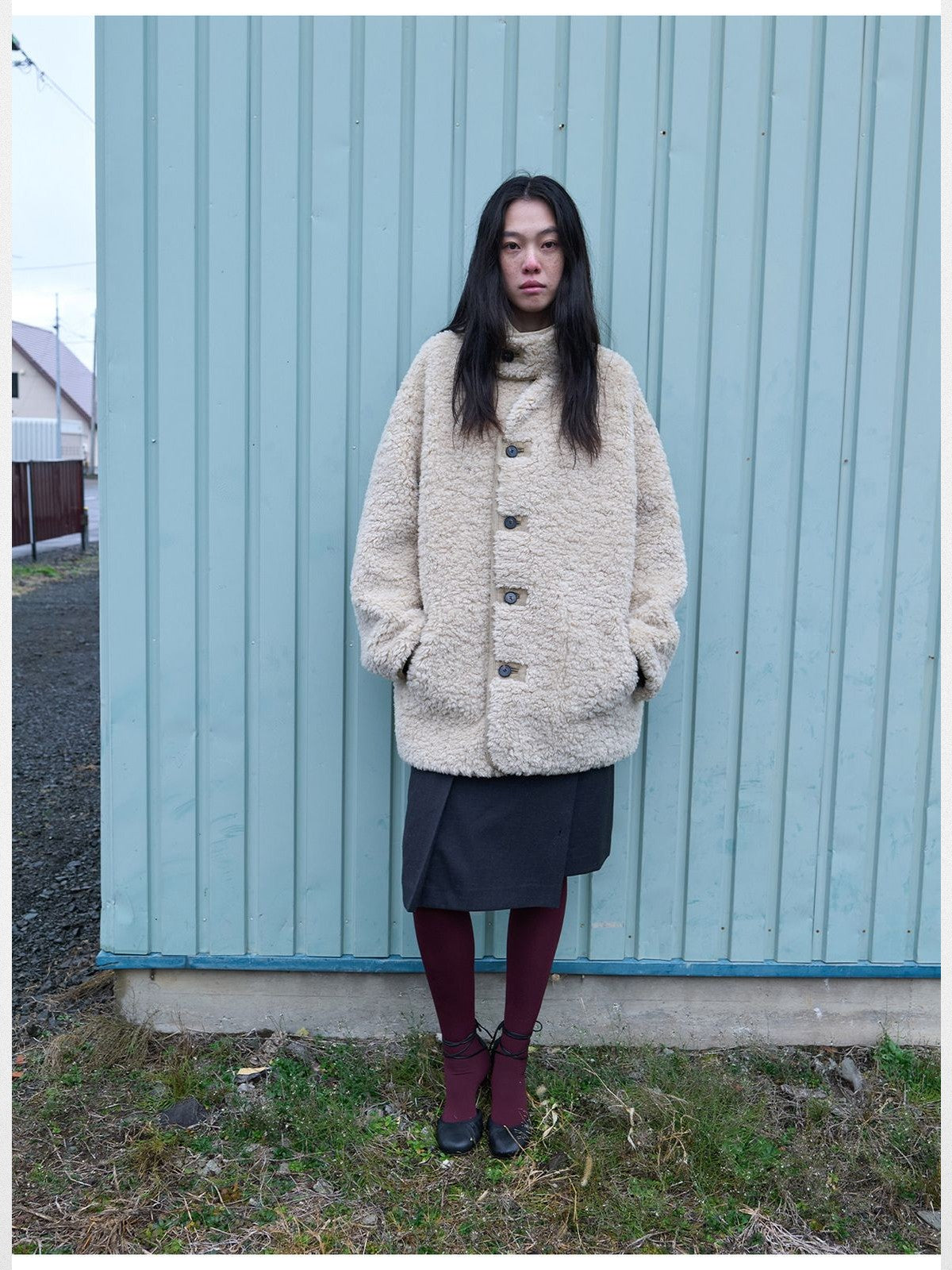 RandomPiece Reversible Faux Shearling Coat in Beige - On Model