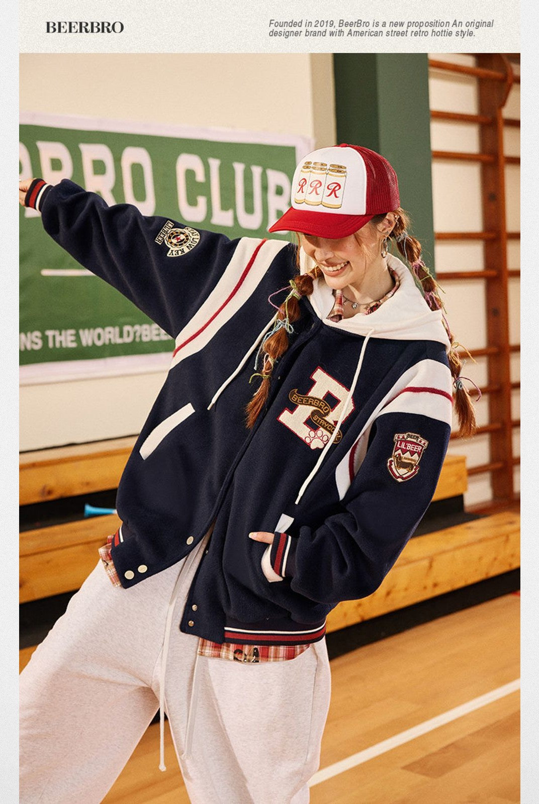 BeerBro Detachable Hood Varsity Jacket in Navy Blue - On Model