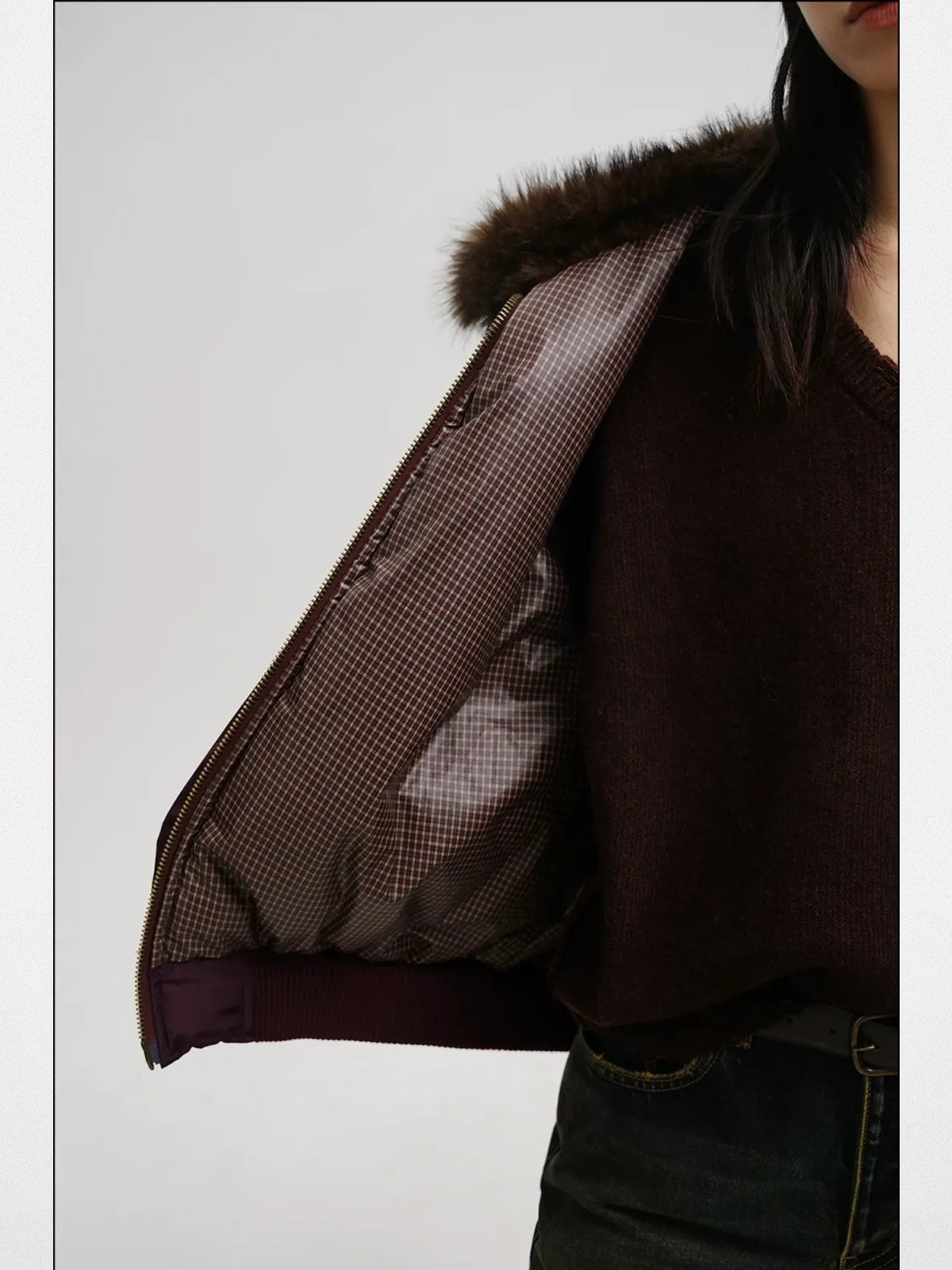 MASONPRINCE Faux Fur Hooded Puffer Bomber in Burgundy - On Female Model