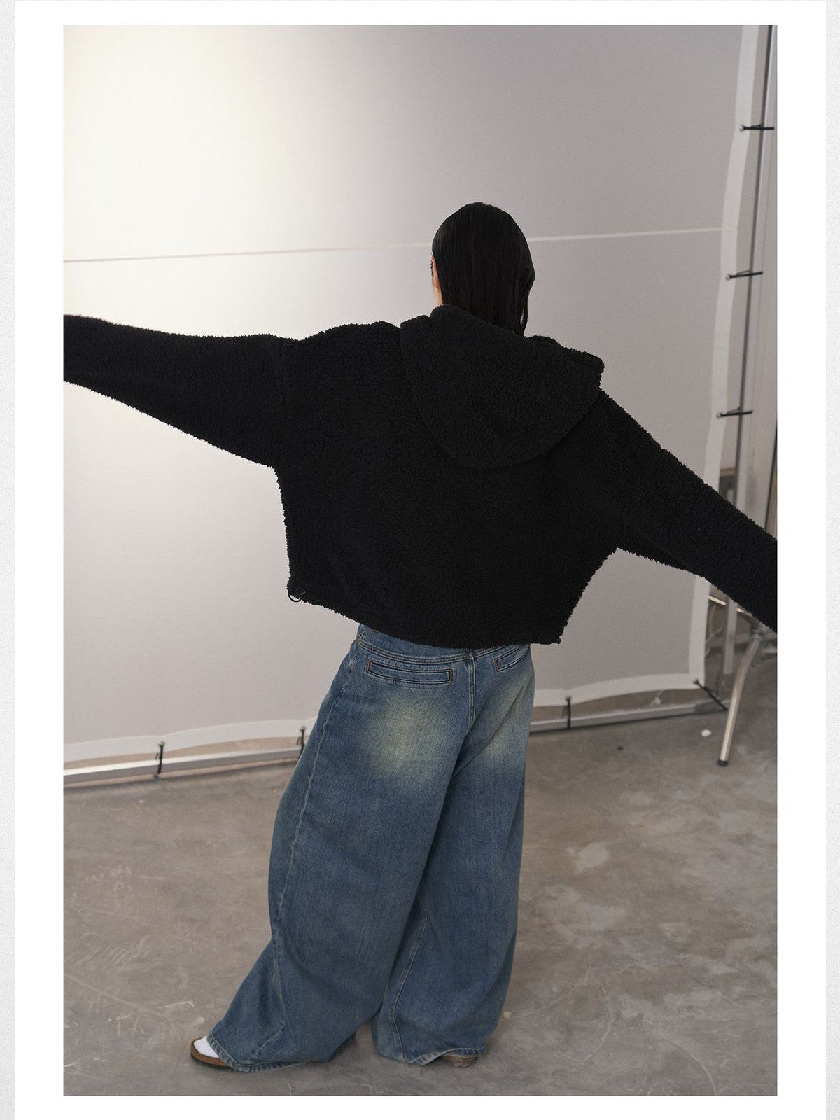 Alright then Oversized Teddy Fleece Hoodie in Black - On Model