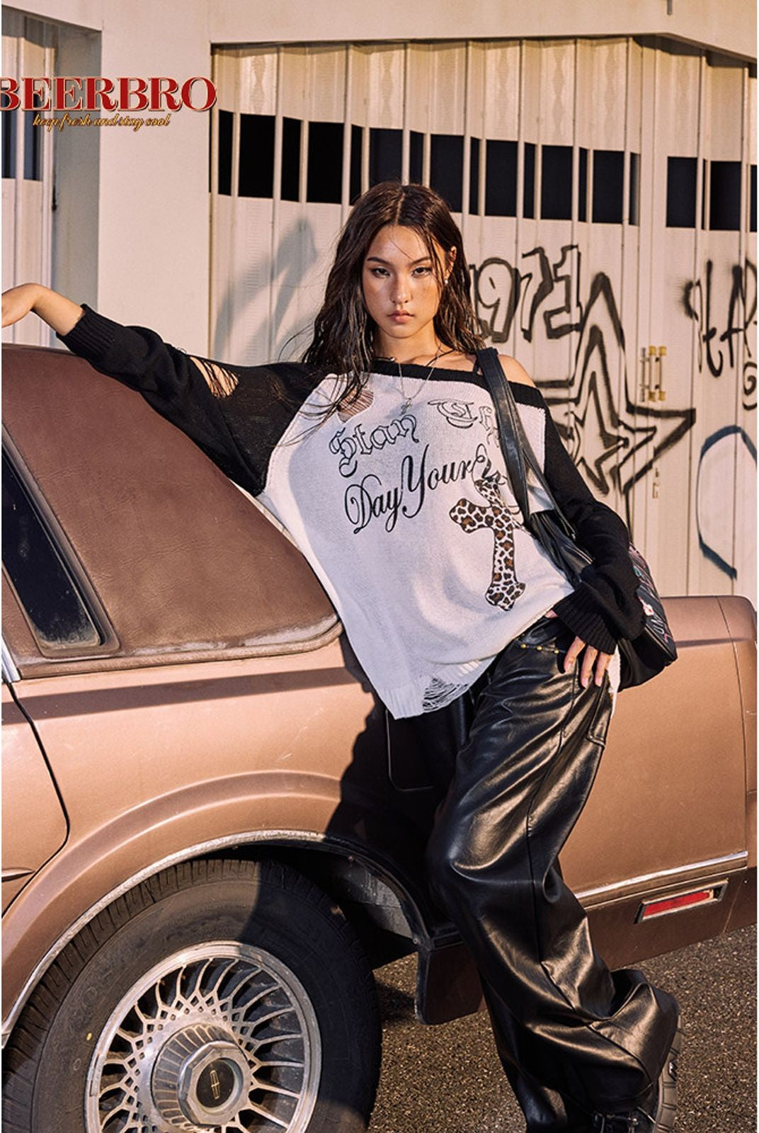 BeerBro Distressed Graphic Off Shoulder Sweater in Black - Lifestyle