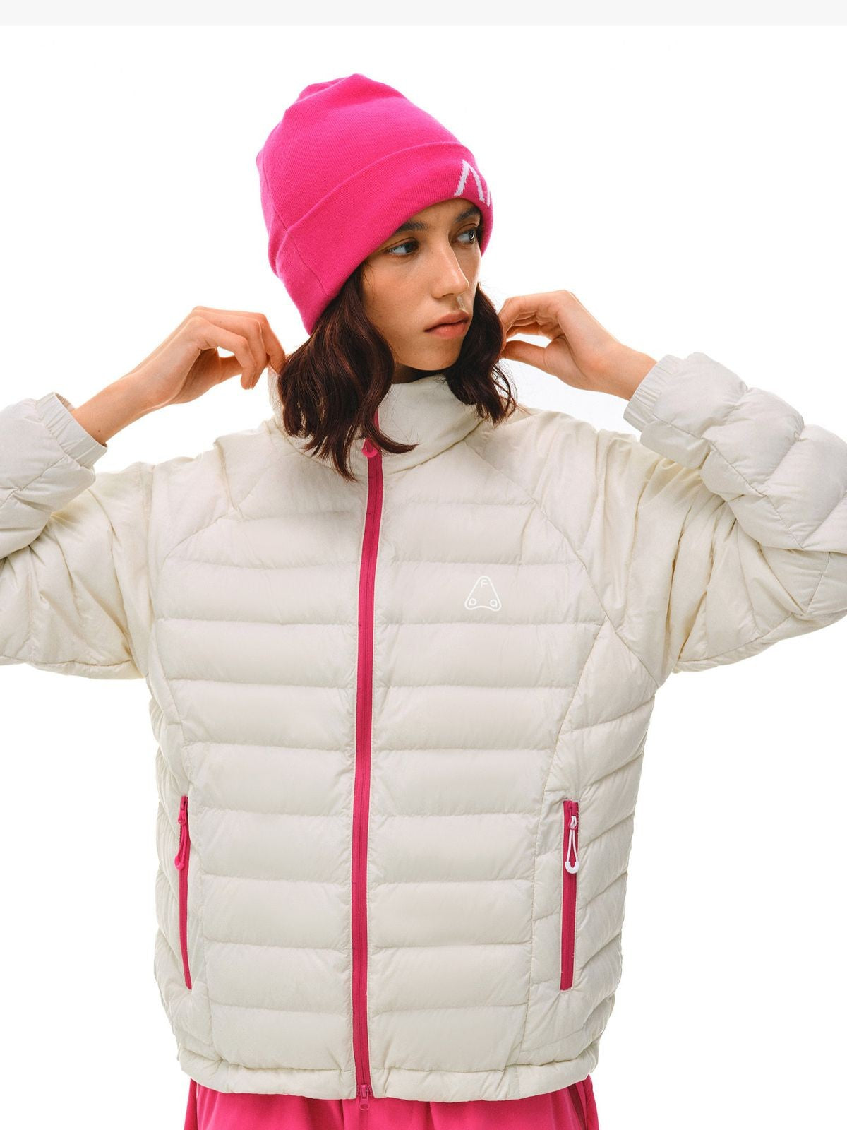 FPA Contrast Zip Down Puffer in White - On Female Model