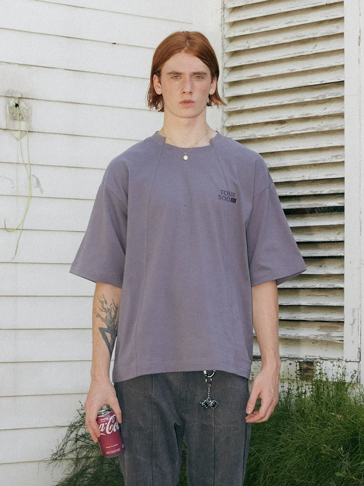 SOD Online Store Deconstructed Panel Cotton T Shirt in Purple - On Model