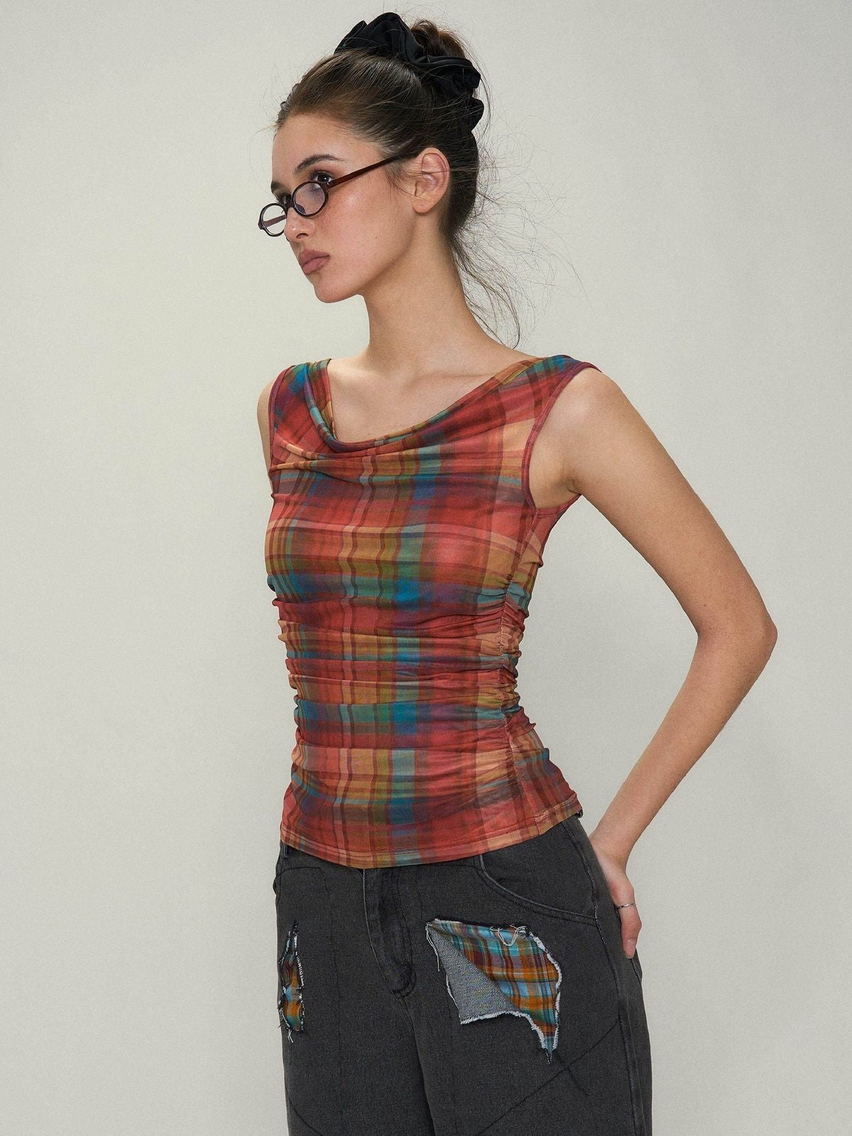 Amee Ruched Plaid Mesh Top in Red - On Model