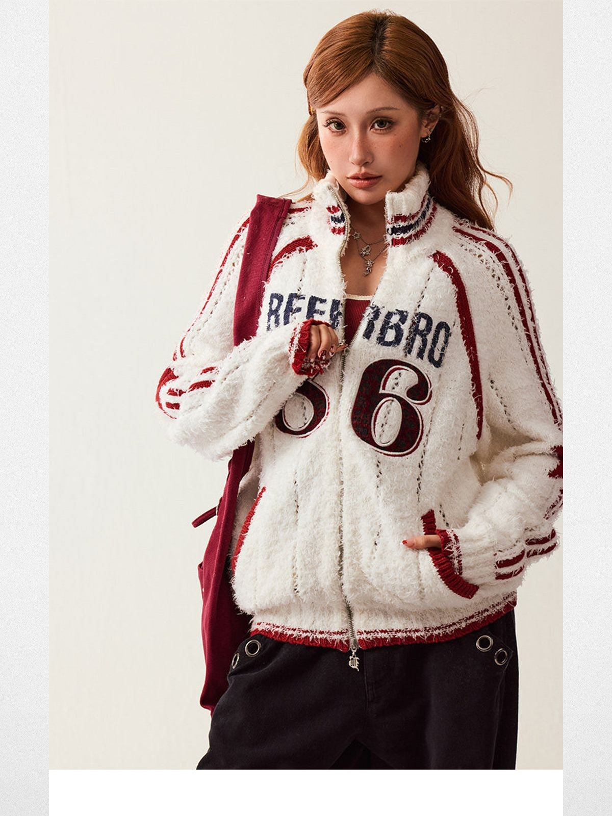 Beer Bro Varsity Patch Zip Up Cardigan in Off-White - On Model