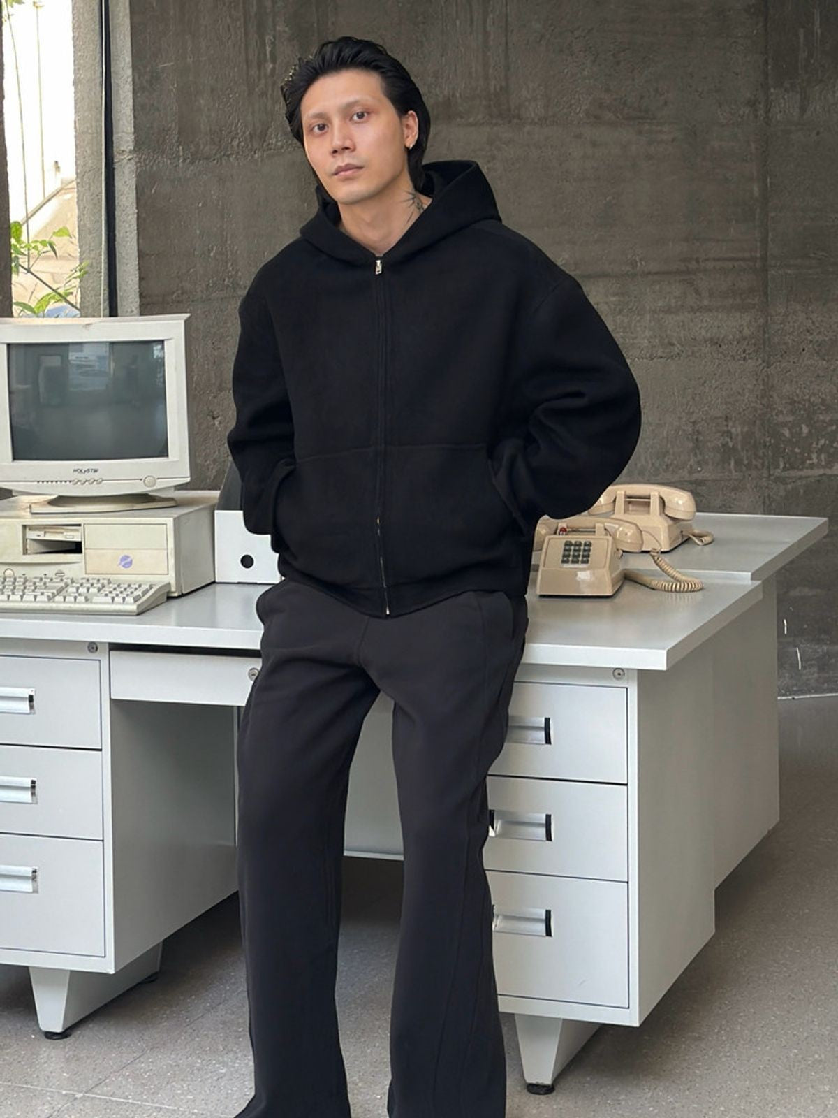 TRIANGLE PROJECT Double Faced Wool Cashmere Hoodie in Black - On Model