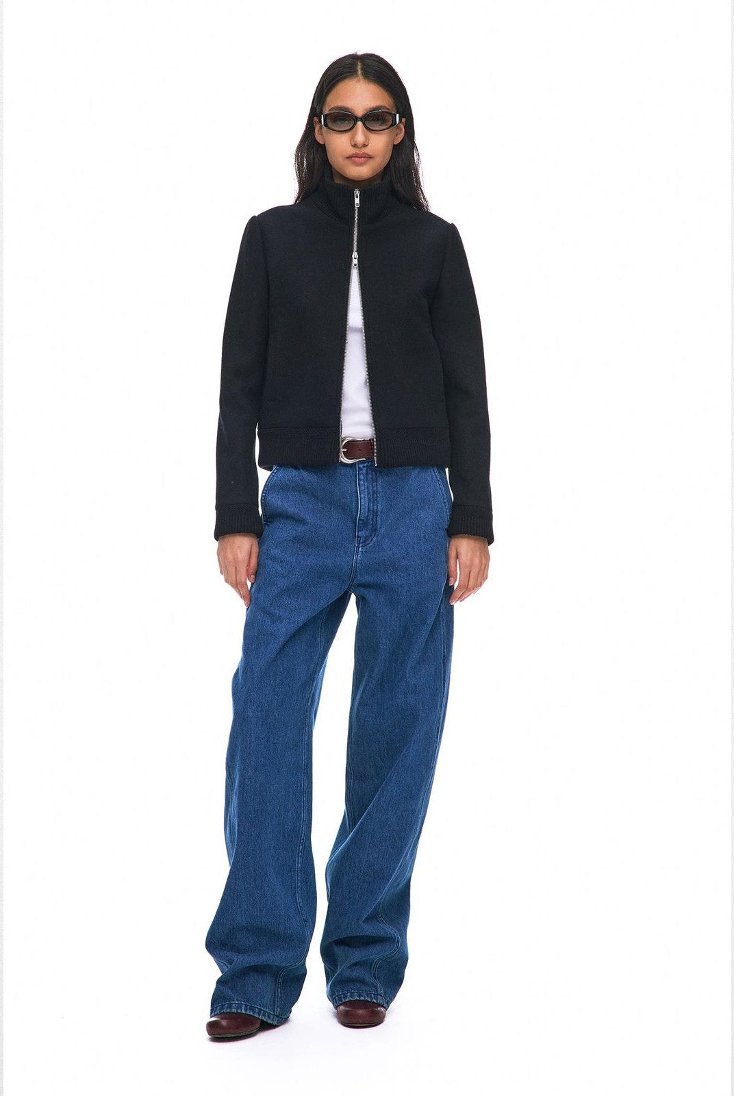 Alright then Lamb Wool Blend Double Zip Jacket in Black - On Model