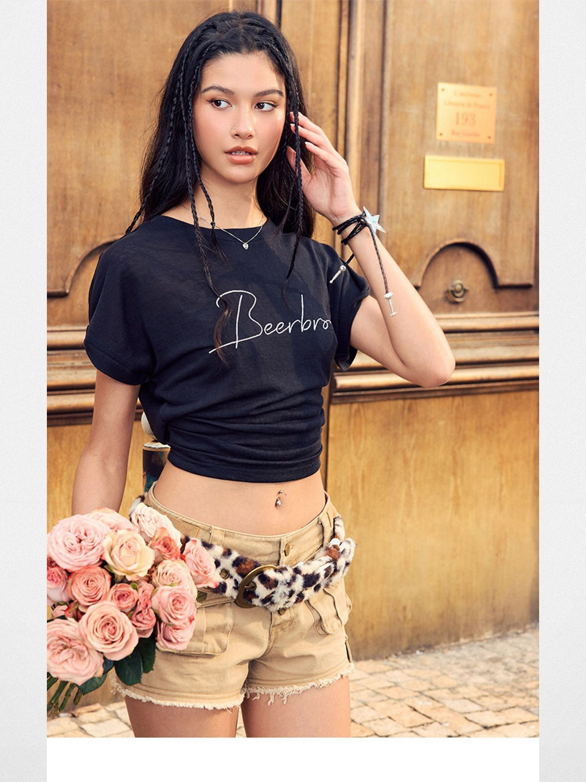 BeerBro Embroidered Tencel Cinched Tee in Black - On Model