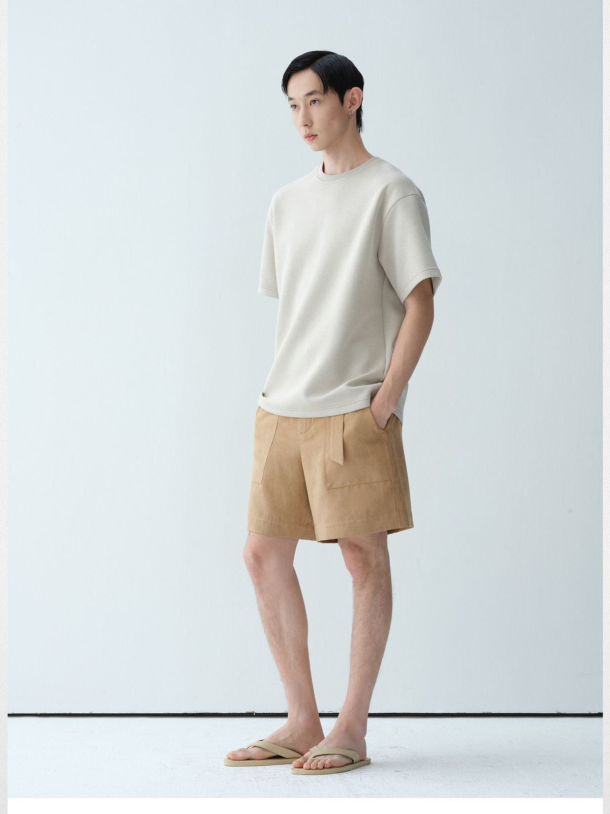 ROYA Modal Wool Blend Air Layer Tee in Beige - On Model