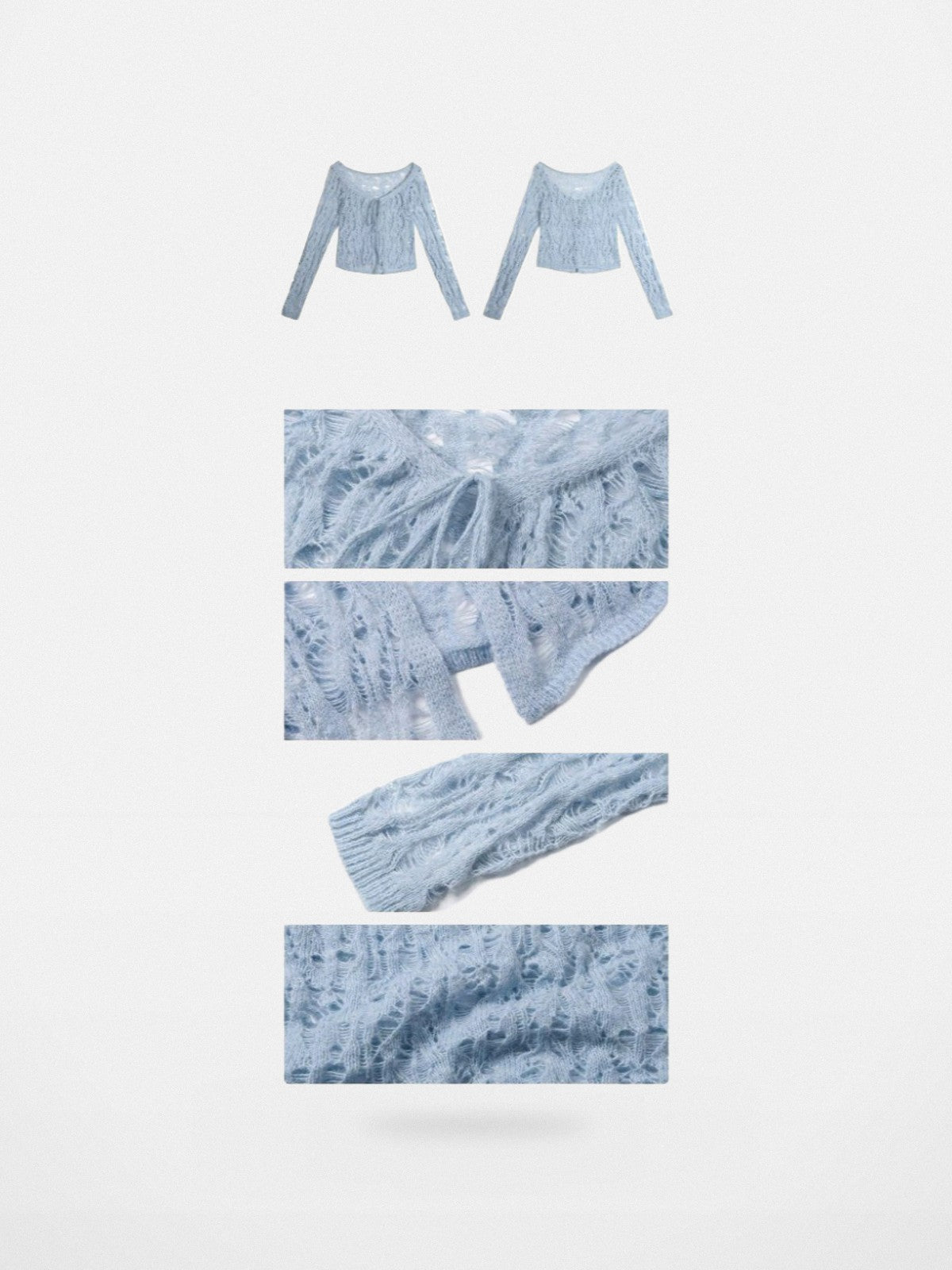 BeerBro Tie Front Distressed Knit Cardigan in Sky Blue - Detail