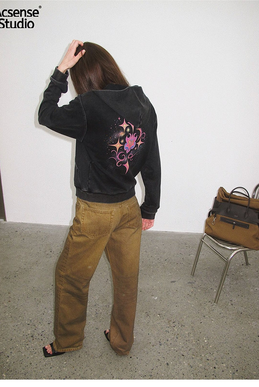 ACSENSE STUDIO Rhinestone Logo Zip Up Hoodie in Black - On Model