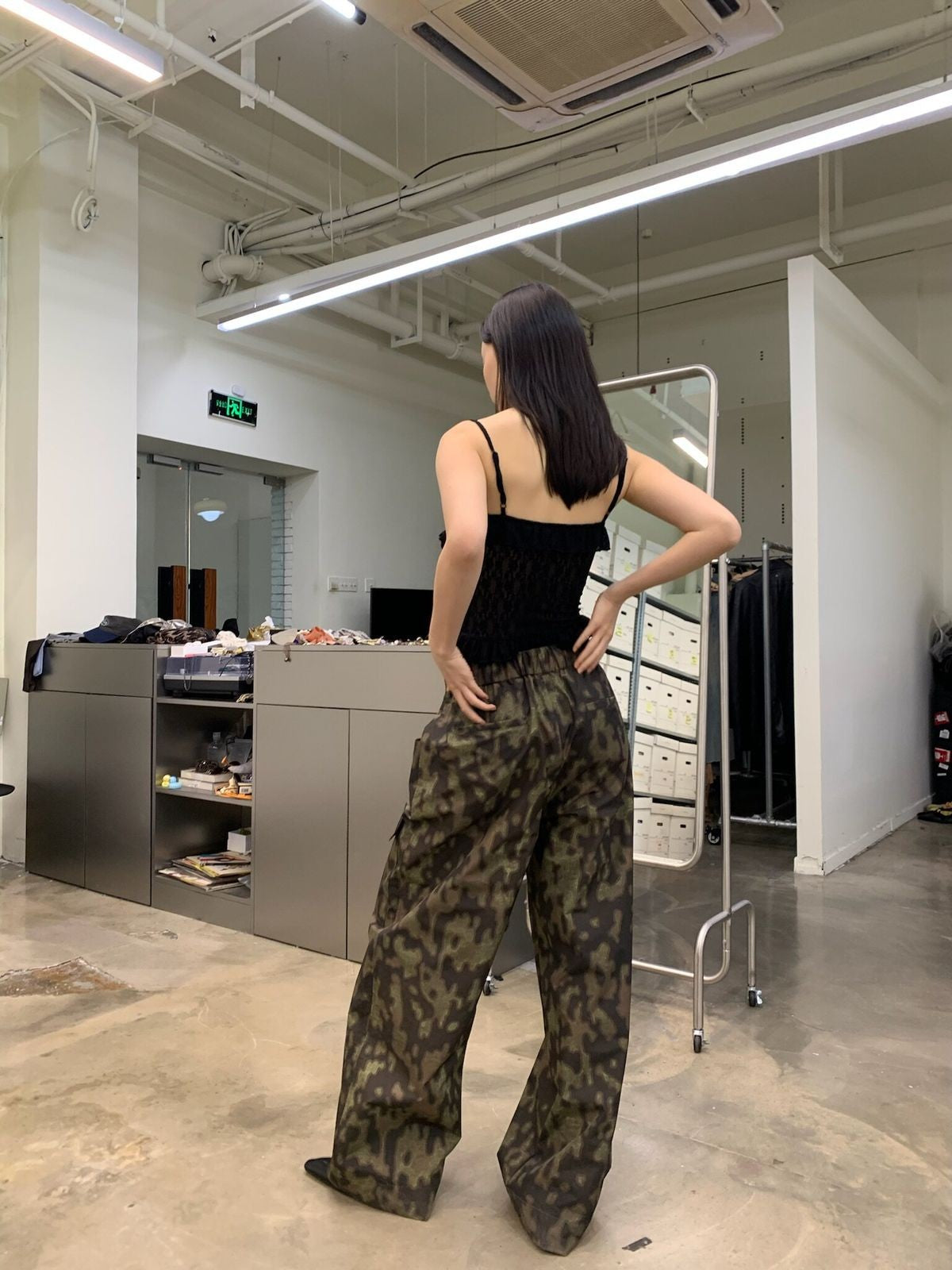 NeverSeez Quick Dry Wide Leg Trousers in Camouflage - On Female Model