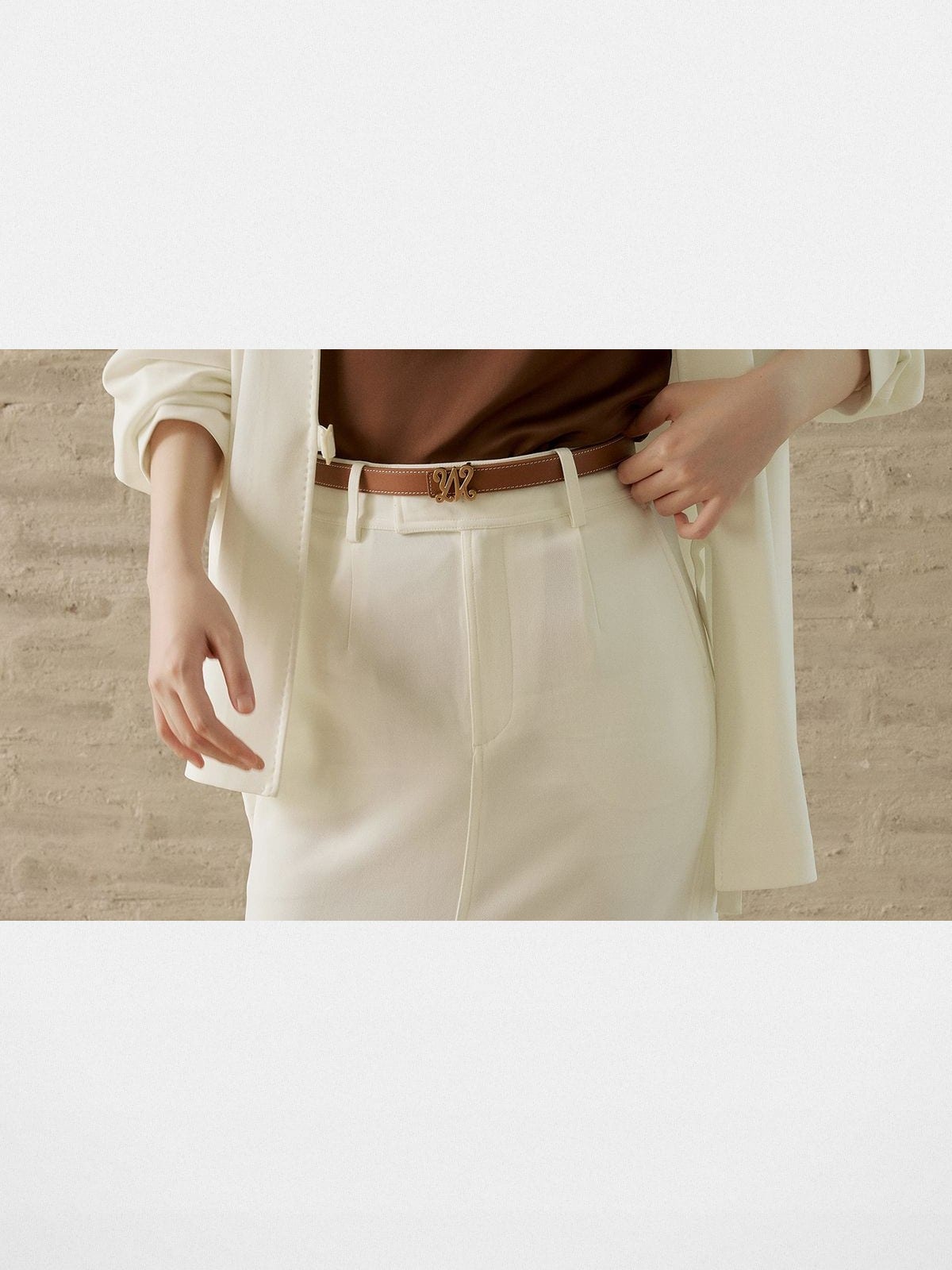 WANLIMA Top Grain Leather Thin Belt in Brown - On Female Model