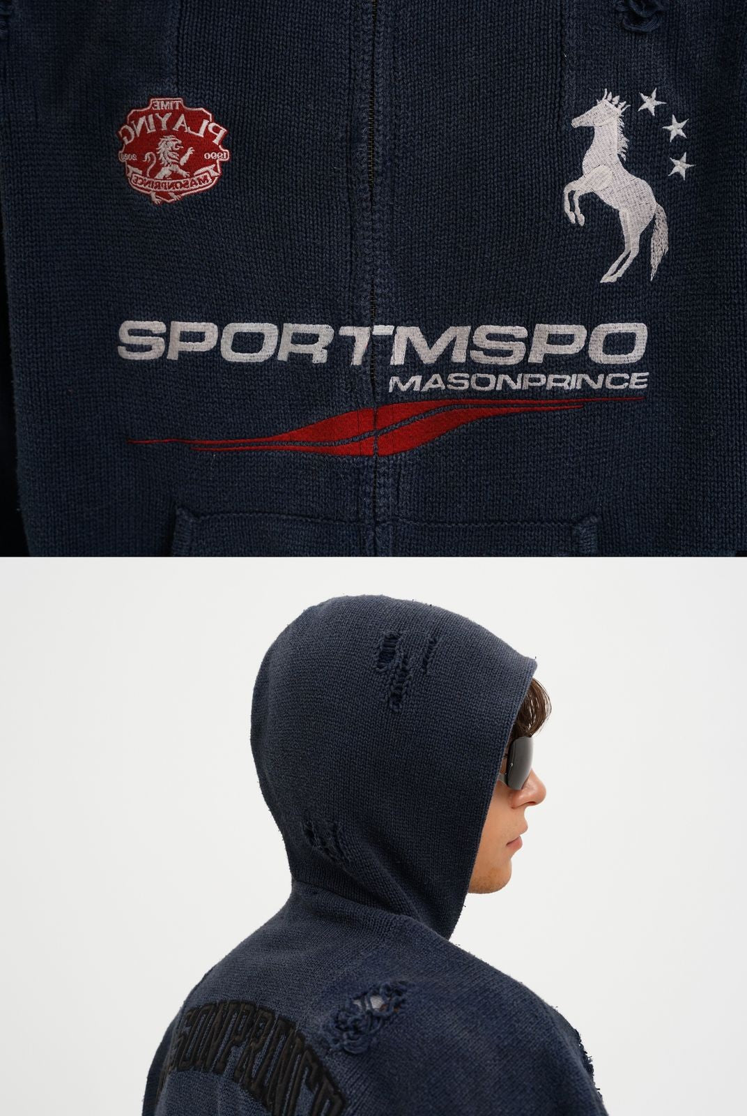 MasonPrince Distressed Horse Graphic Zip Hoodie in Navy Blue - Detail