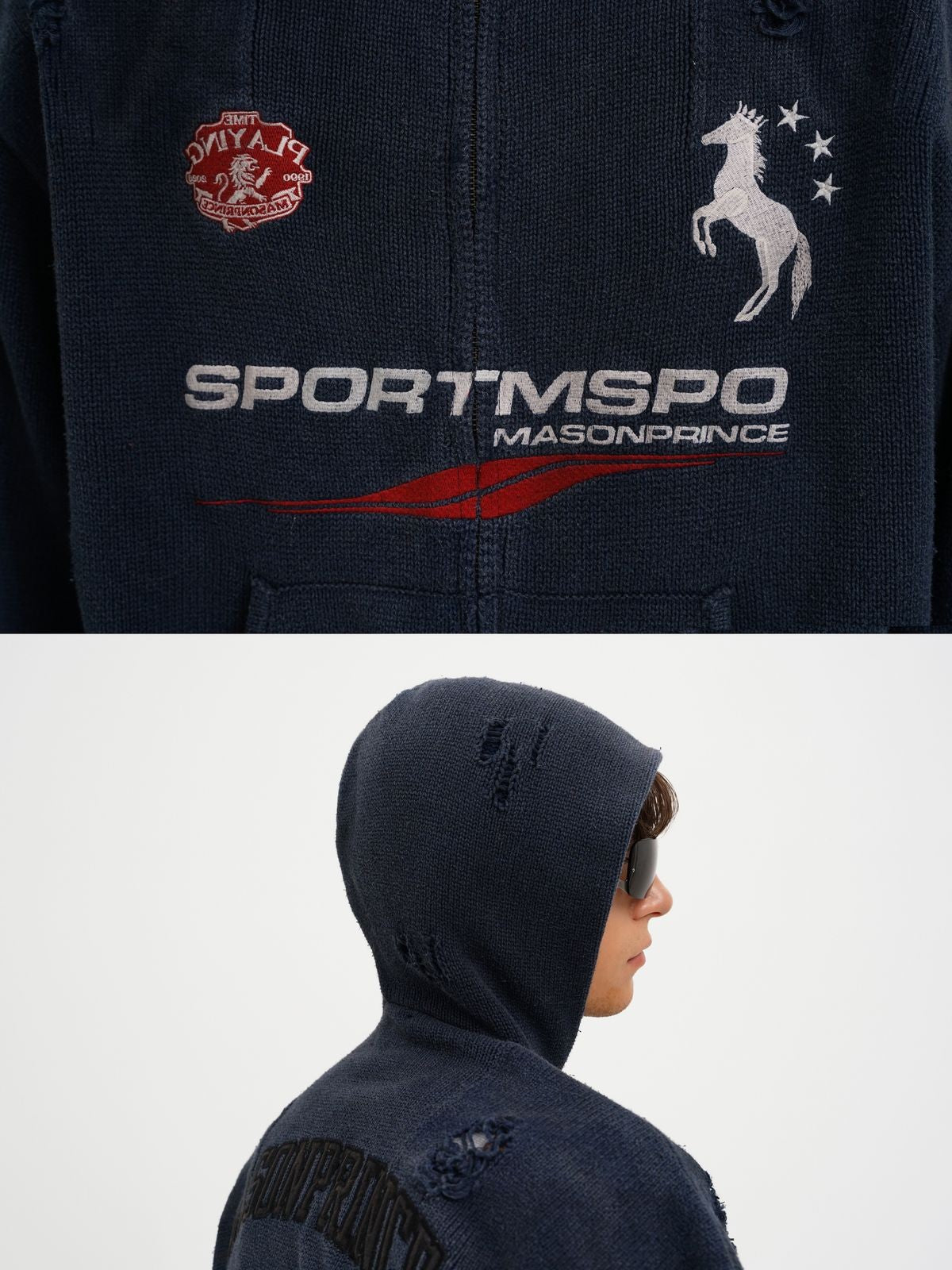 MasonPrince Distressed Horse Graphic Zip Hoodie in Navy Blue - Detail