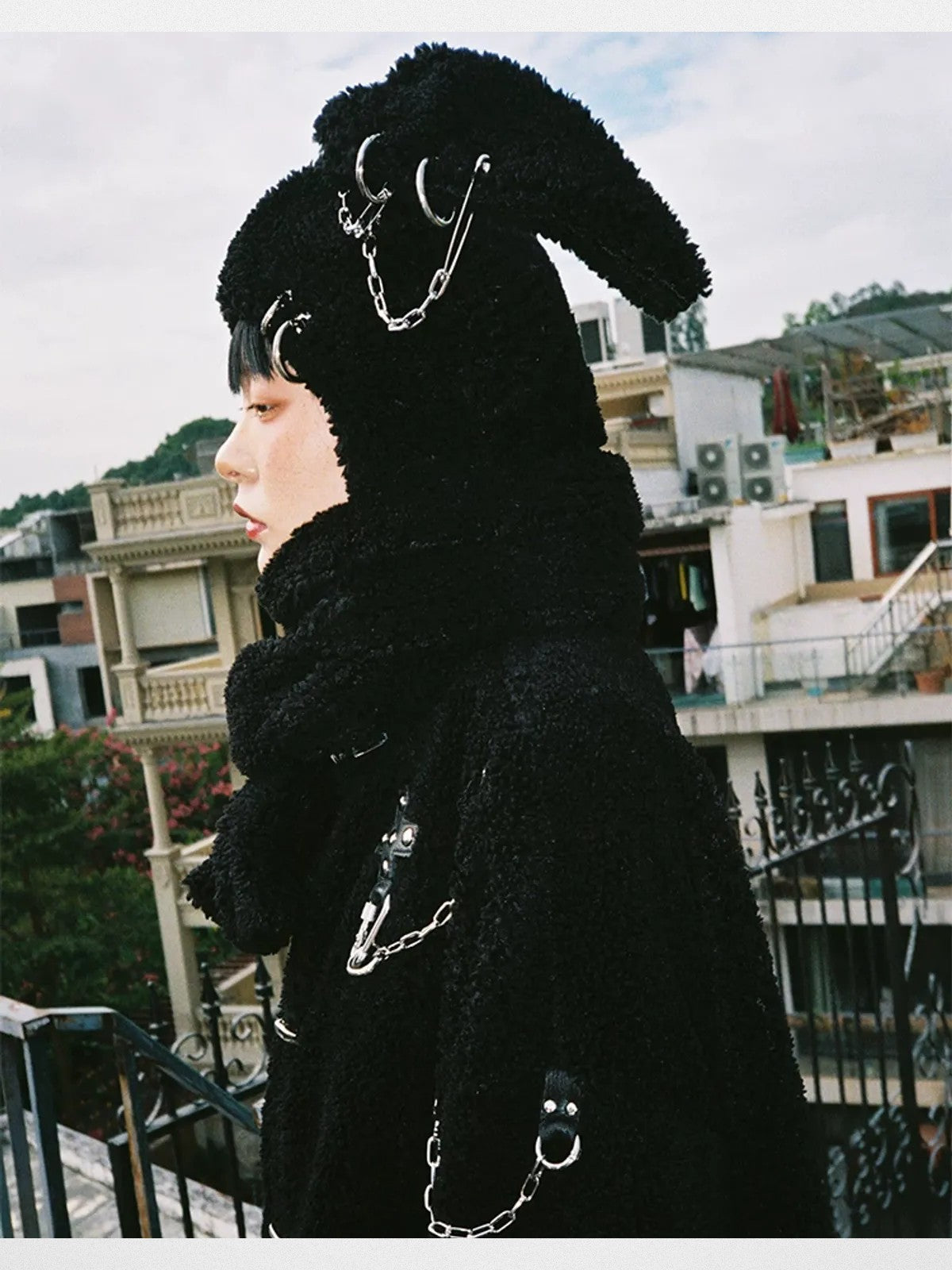 CFIERCE Pierced Plush Bunny Hooded Scarf in Black