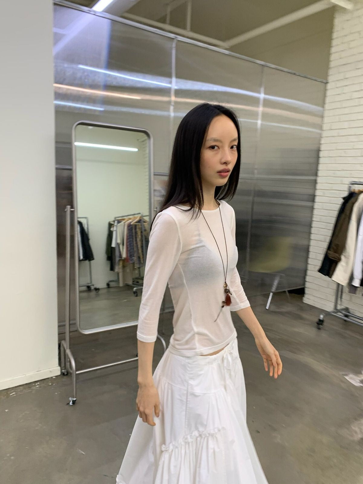 NeverSeez Tencel Wool Blend 3 4 Sleeve Top in White - On Model