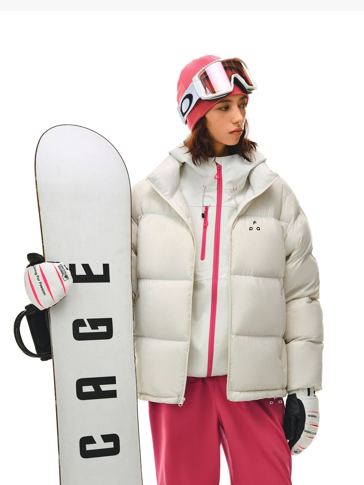 FPA Logo Print Down Puffer Jacket in White - On Female Model