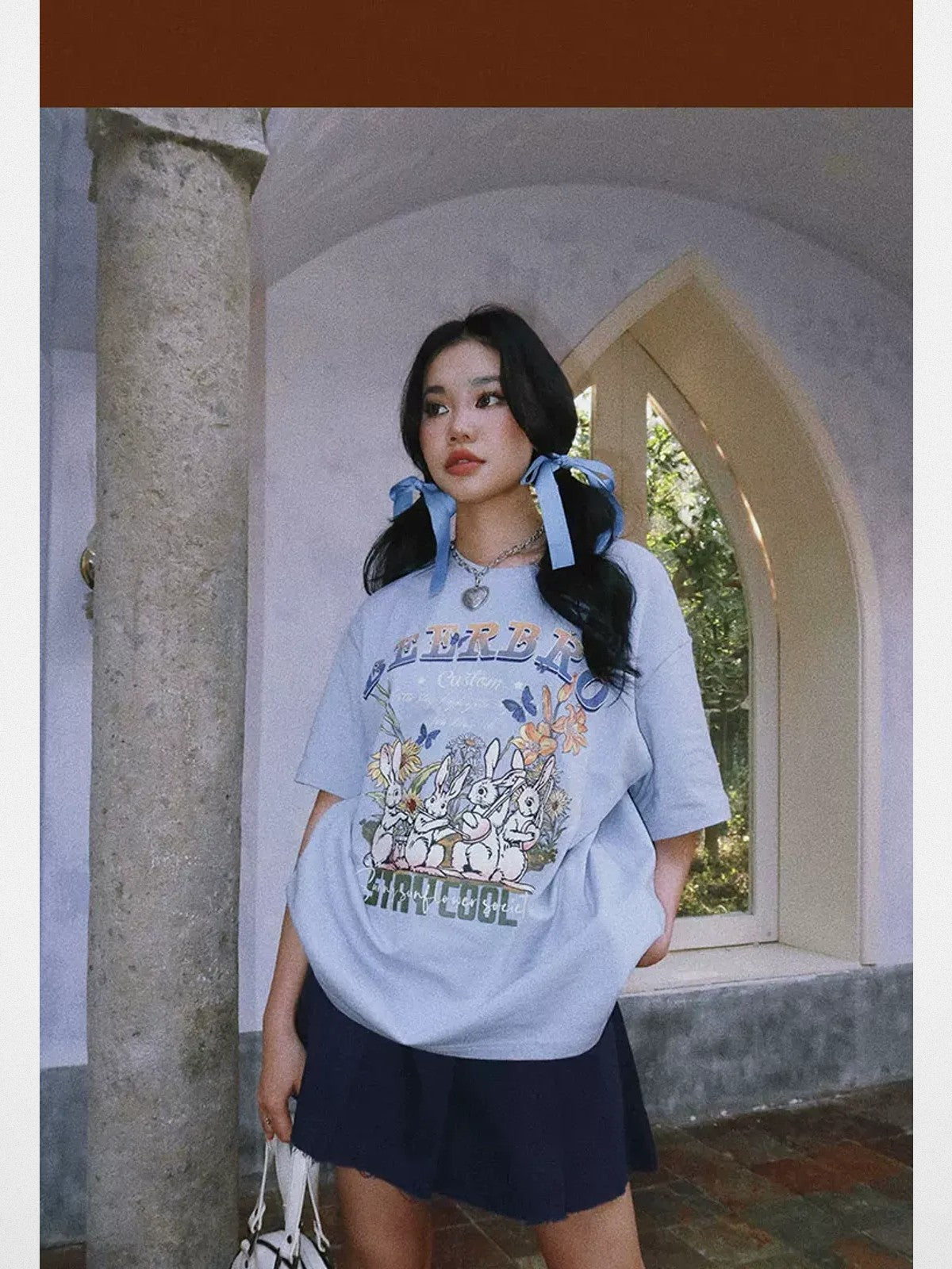 BeerBro Rabbit Graphic Oversized T Shirt in Sky Blue - On Model