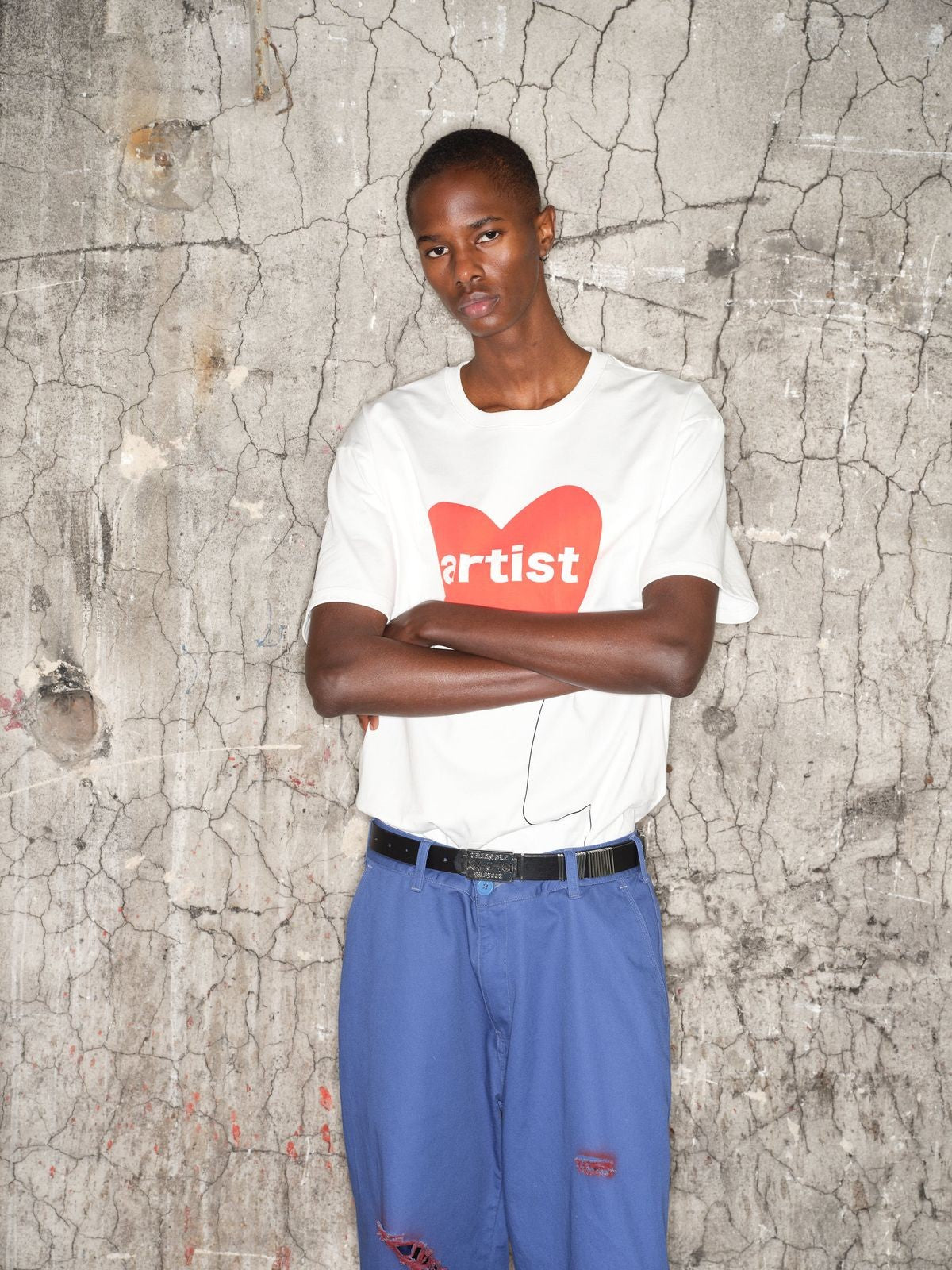 TRIANGLE PROJECT Heart Print Cotton T Shirt in White - On Model