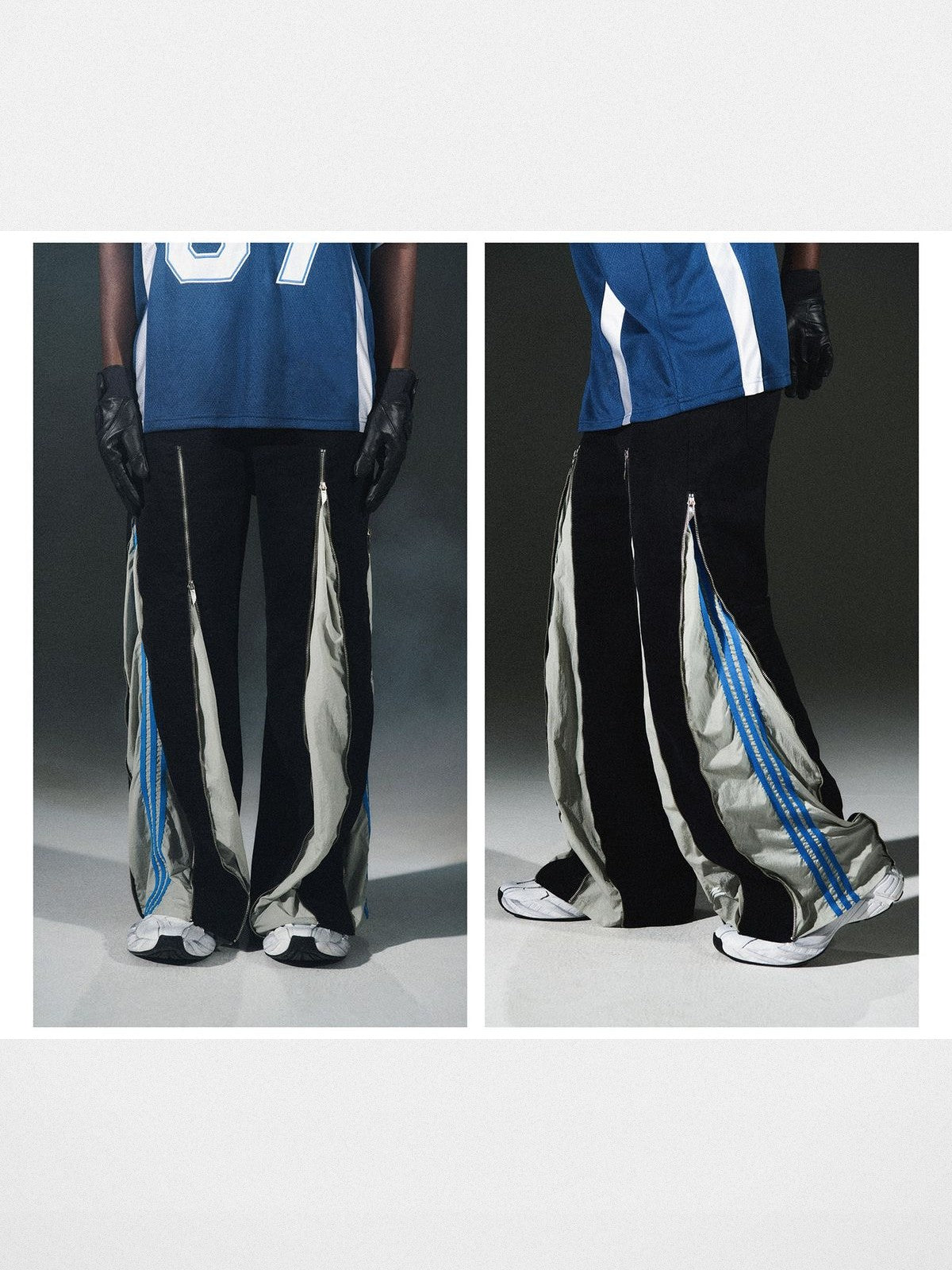 LOSTCTRL Deconstructed Zip Split Pants in Black - On Model