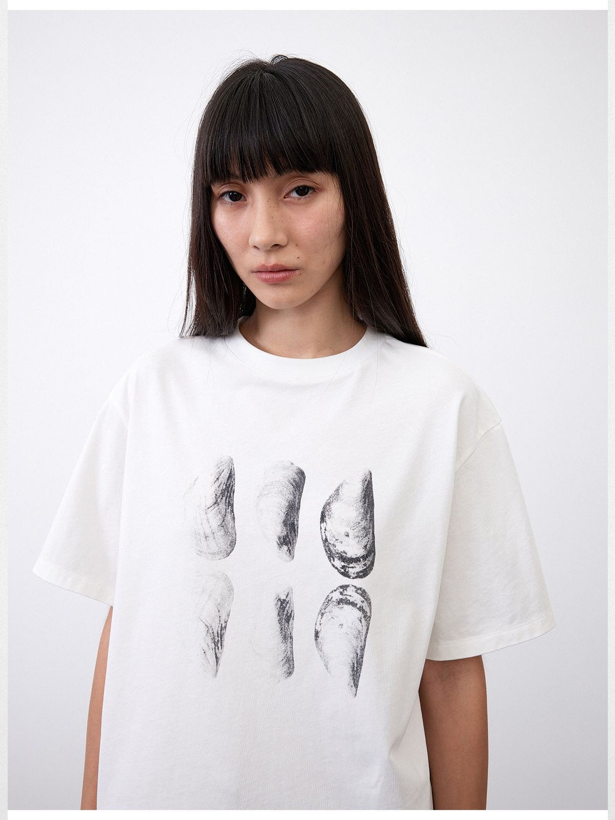 RandomPiece Shell Print High Twist Cotton T Shirt in White - On Model
