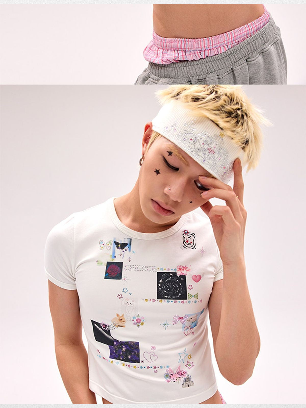 CFIERCE Sticker Print Rhinestone T Shirt in White - On Male Model
