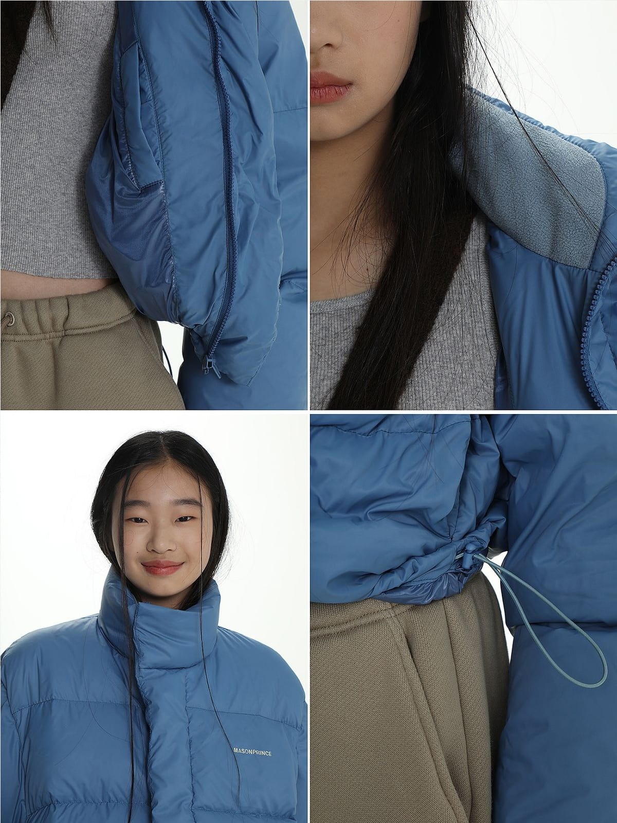 MasonPrince Cropped 90 Down Puffer in Blue - On Female Model