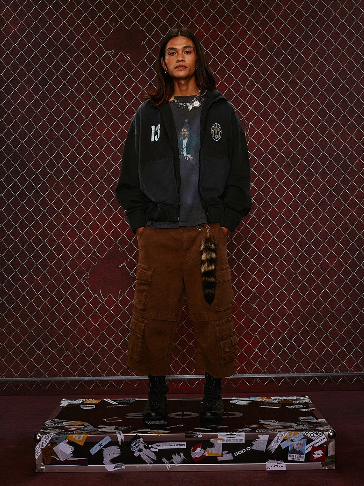 SOD Washed Layered Zip Up Hoodie in Black - On Model