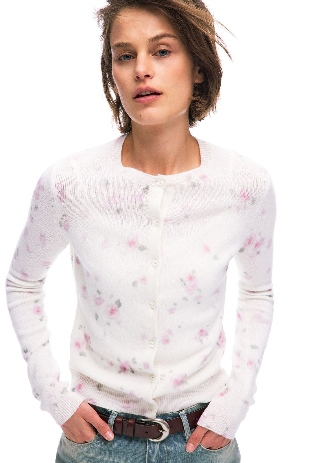 Alright then Watercolor Floral Wool Cardigan in White - On Model