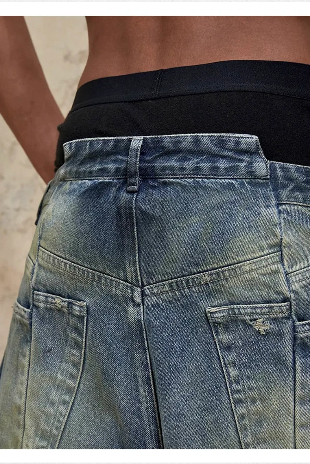 TRIANGLE PROJECT Deconstructed Distressed Denim Shorts in Blue - On Model