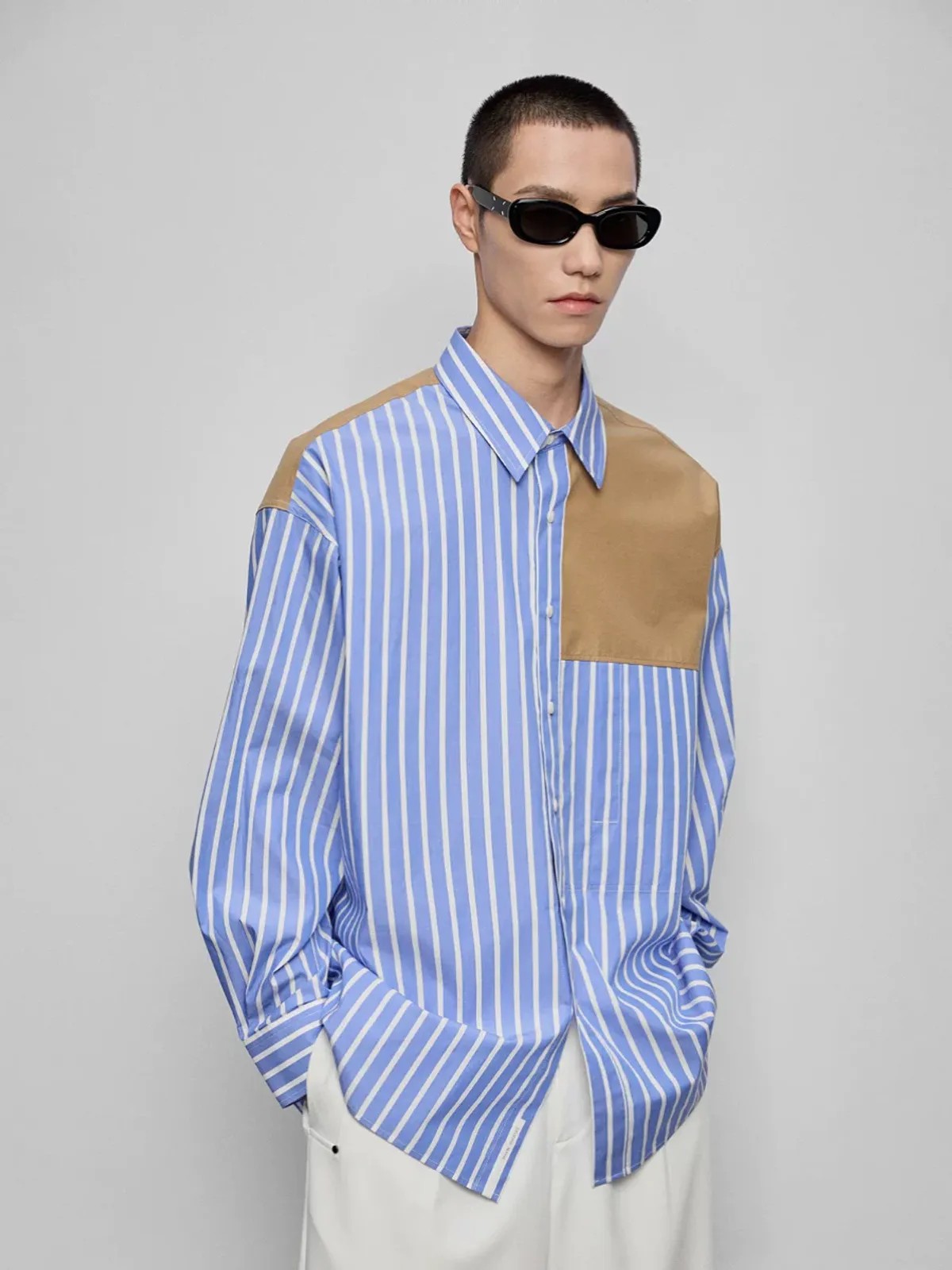 NANS Contrast Panel Oversized Cotton Shirt in Blue