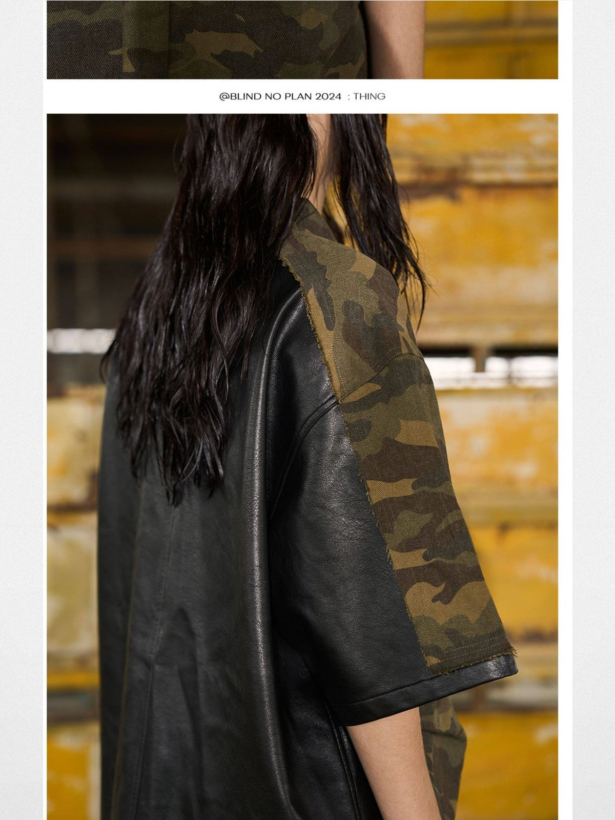 BLINDNOPLAN Camo Spliced Faux Leather Shirt in Olive - On Model