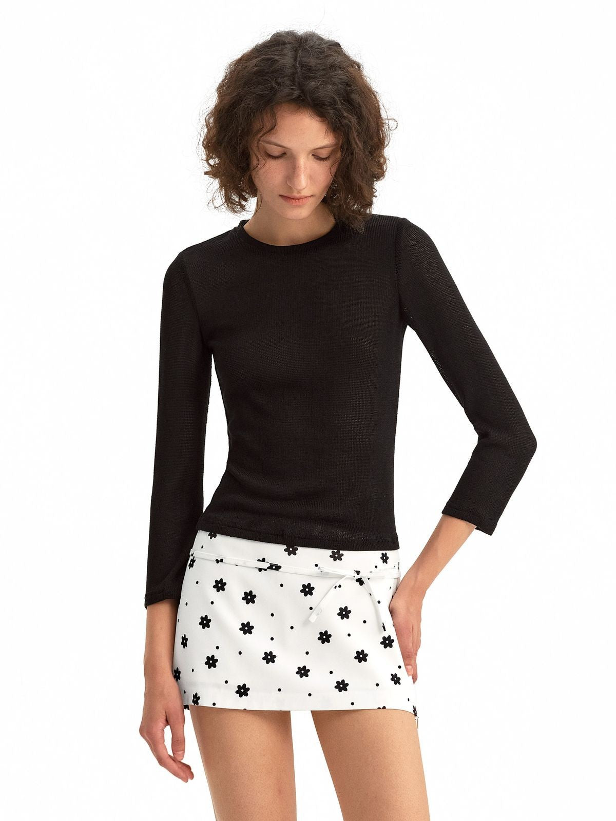 PUKI Textured Half Sleeve Cropped Top in Black - On Model