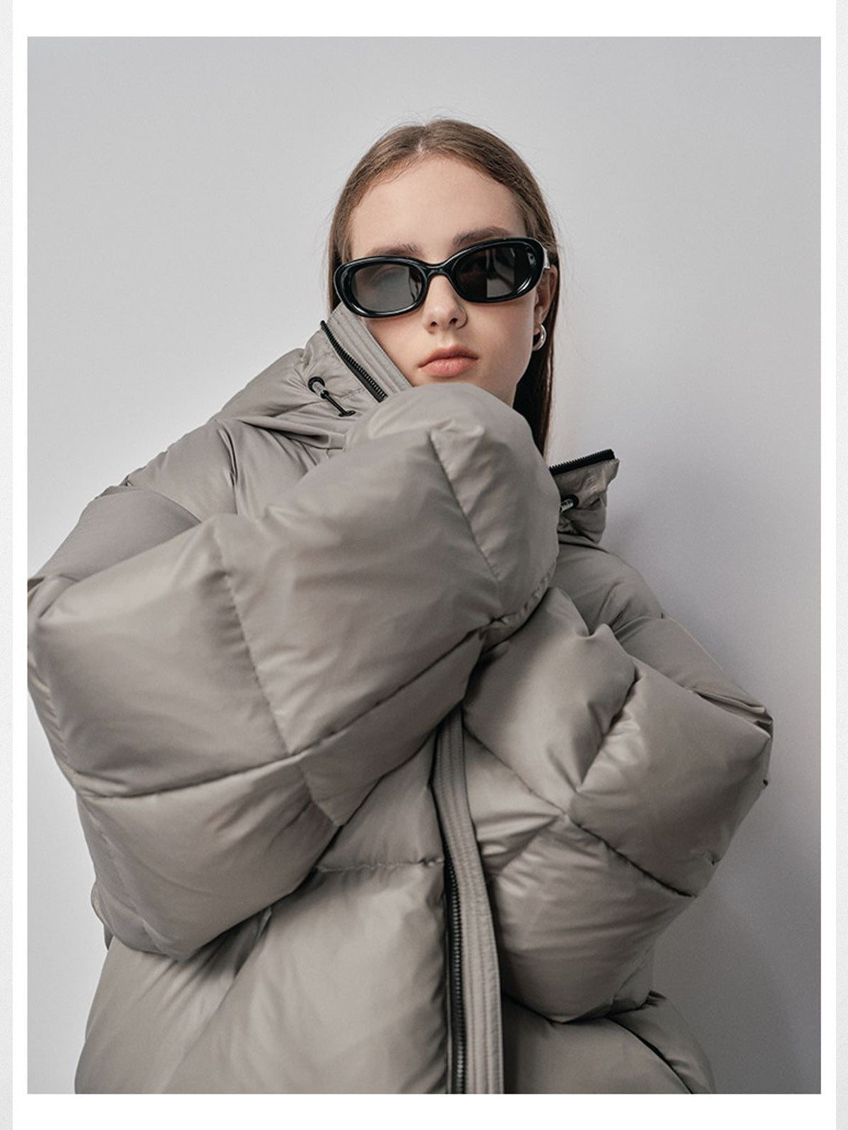 NANS Micro Check Hooded Down Puffer in Gray - On Female Model