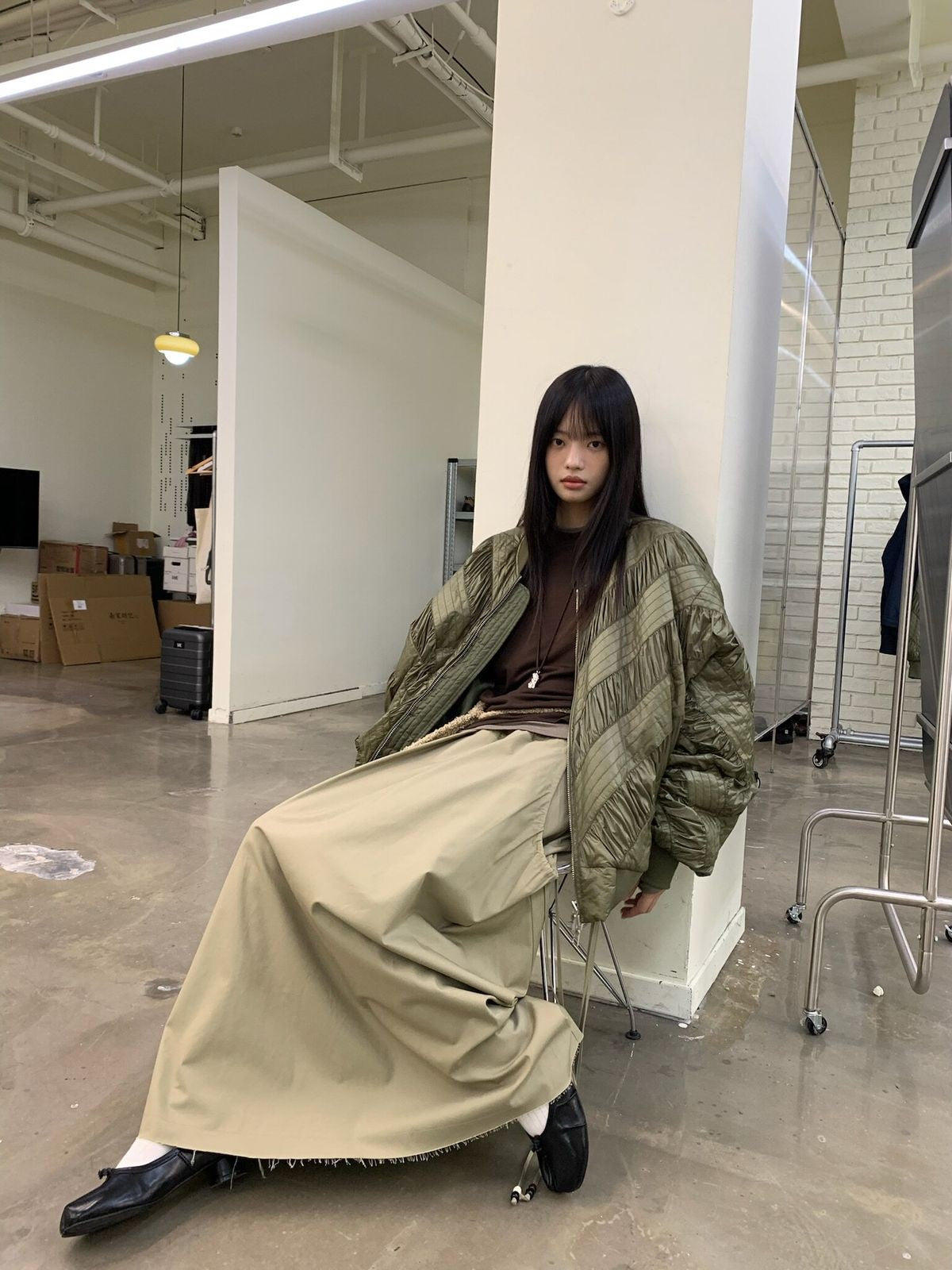NeverSeez Handmade Pleated Bomber Jacket in Olive - On Female Model