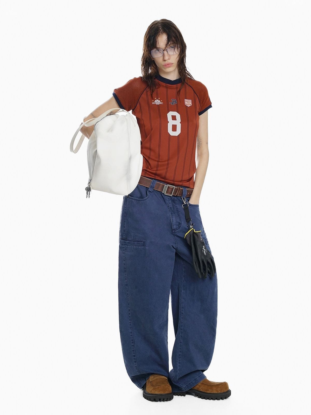 MasonPrince Striped Mesh Panel Jersey in Burgundy - On Model